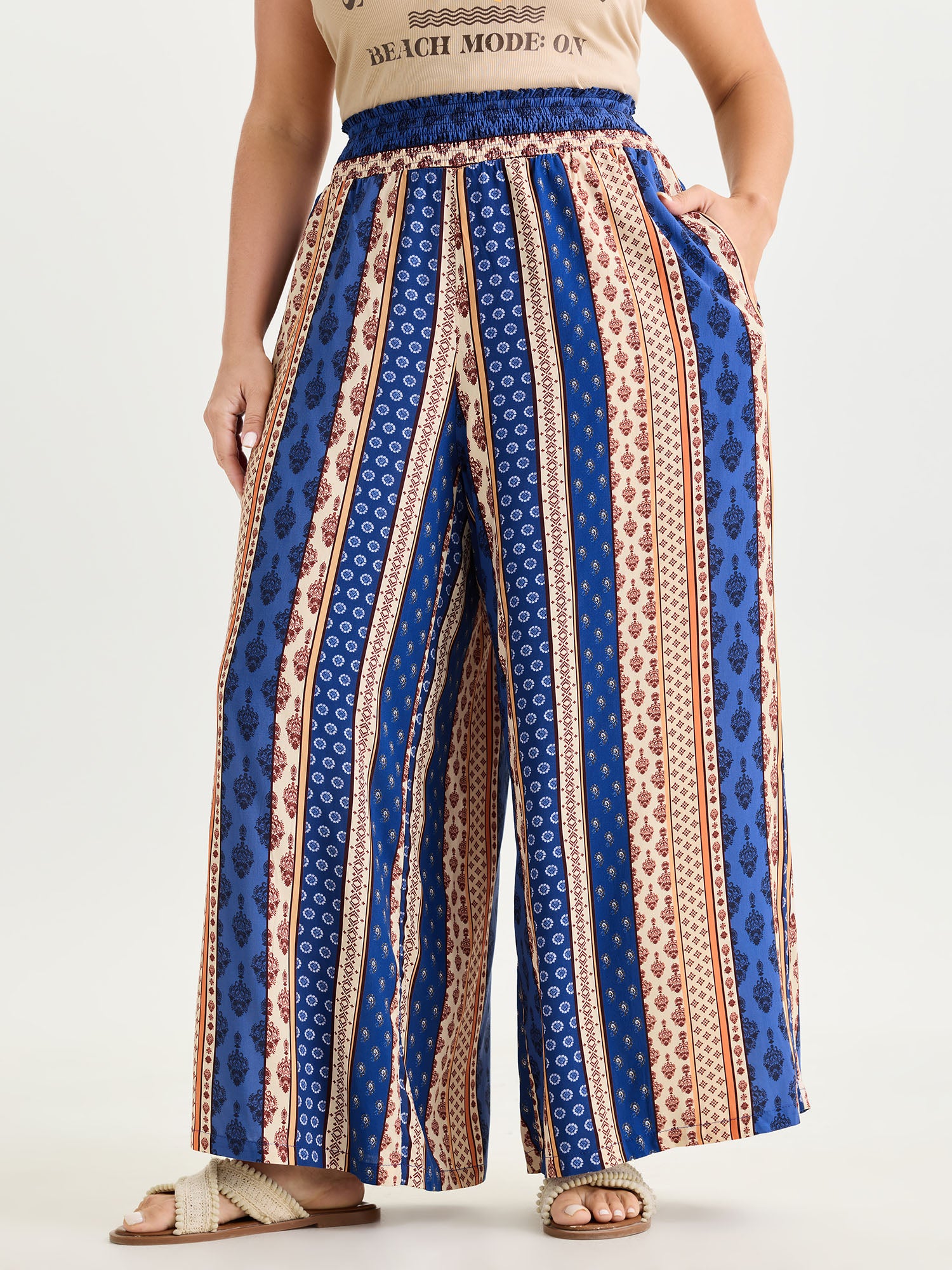 Color Contrast Striped Print Shirred Pants