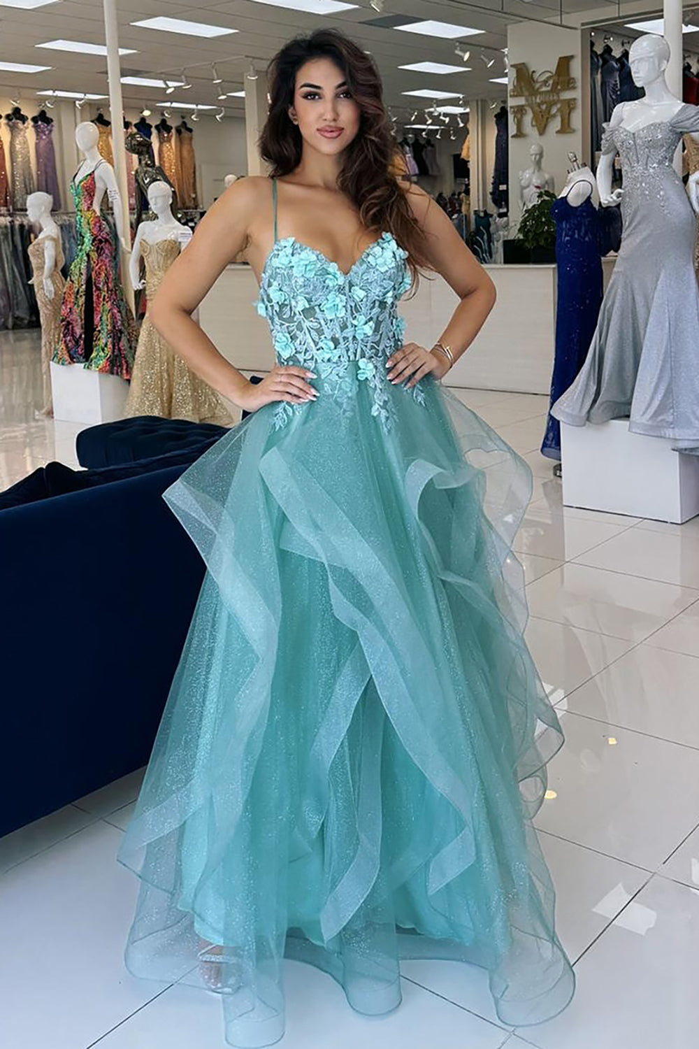 Long Corset Prom Dress in Blue with Spaghetti Straps A-Line Tulle Tiered Design and Appliques
