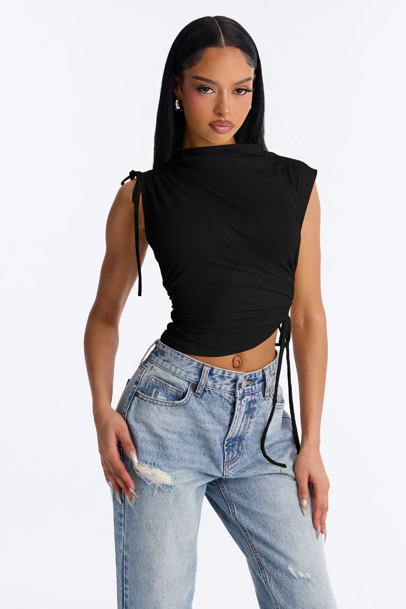 Devon Ruched Drawstring Mock Neck Top - Black