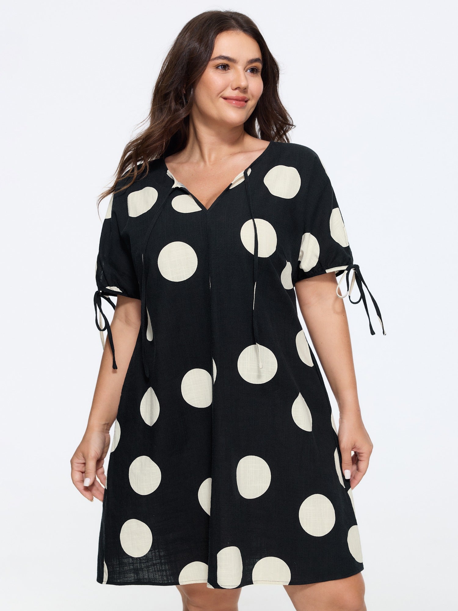 Cotton Polka Dot Print V Neck Tie Sleeve Mini Dress