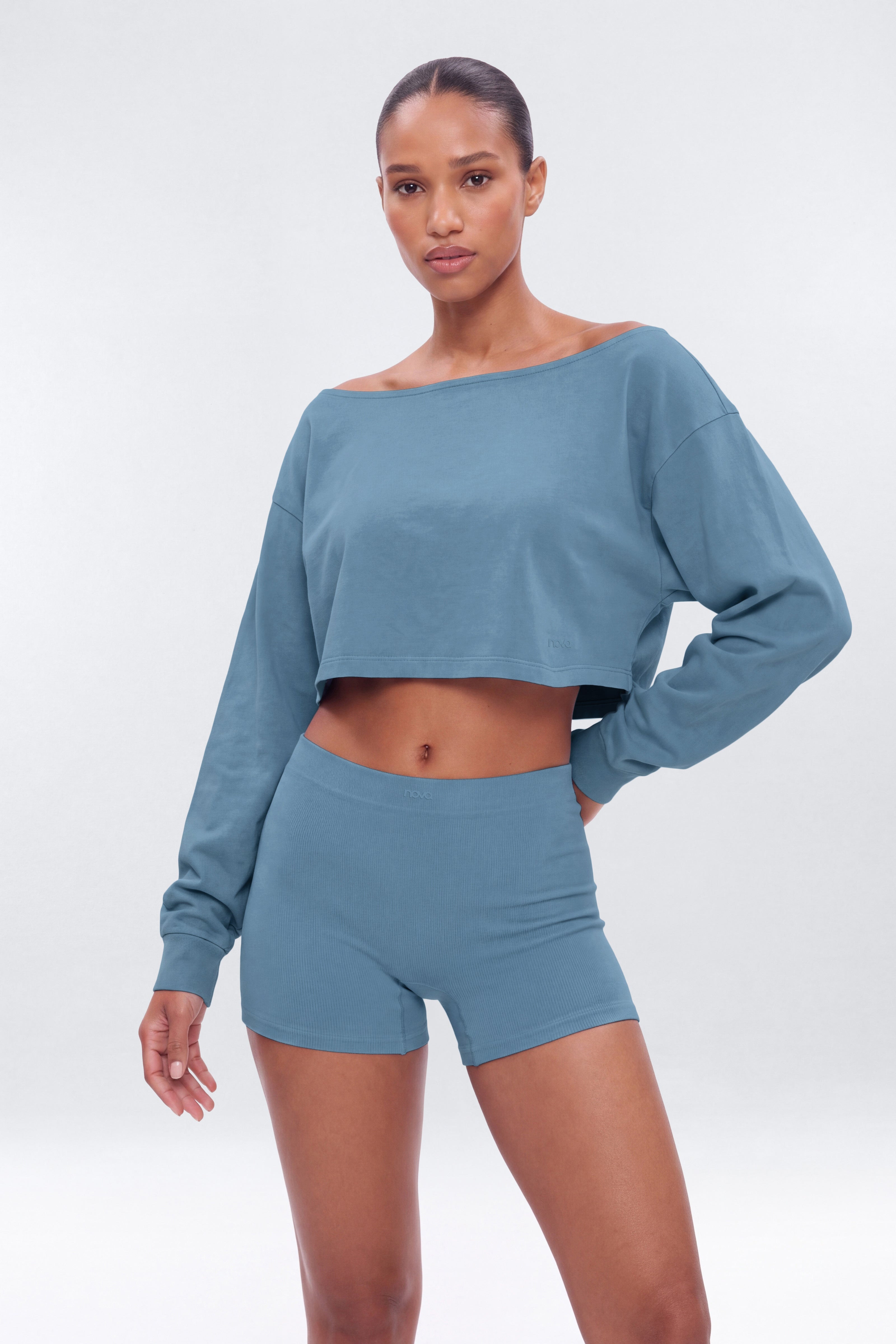 Cotton Jersey Off Shoulder Long Sleeve Crop Top - Soft Indigo