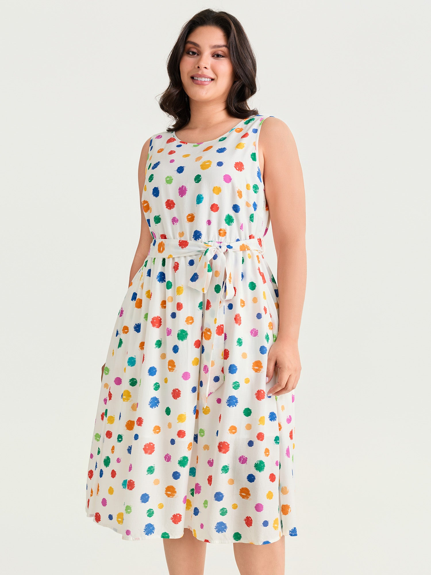 Colorful Polka Dot Waist Tie Midi Dress