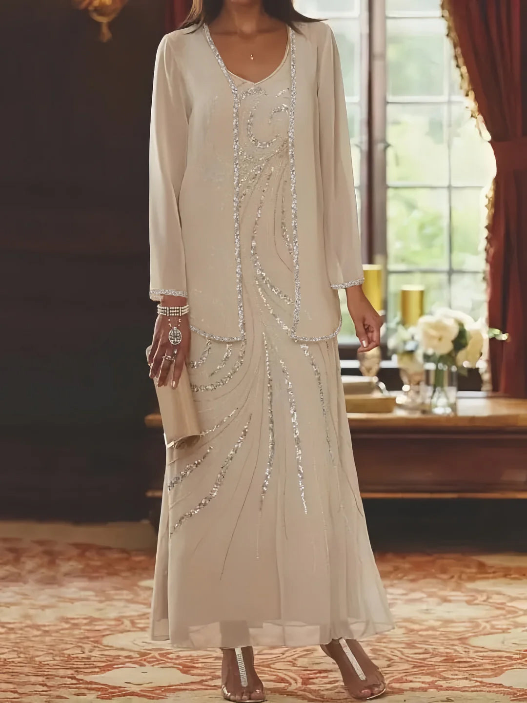 V-Neck Ankle-Length Sheath/Column Mother of the Bride Dresses with Sequins & Jacket