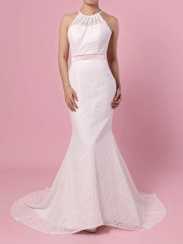 Trendy Jewel Sleeveless Mermaid Lace Wedding Dresses with Sash