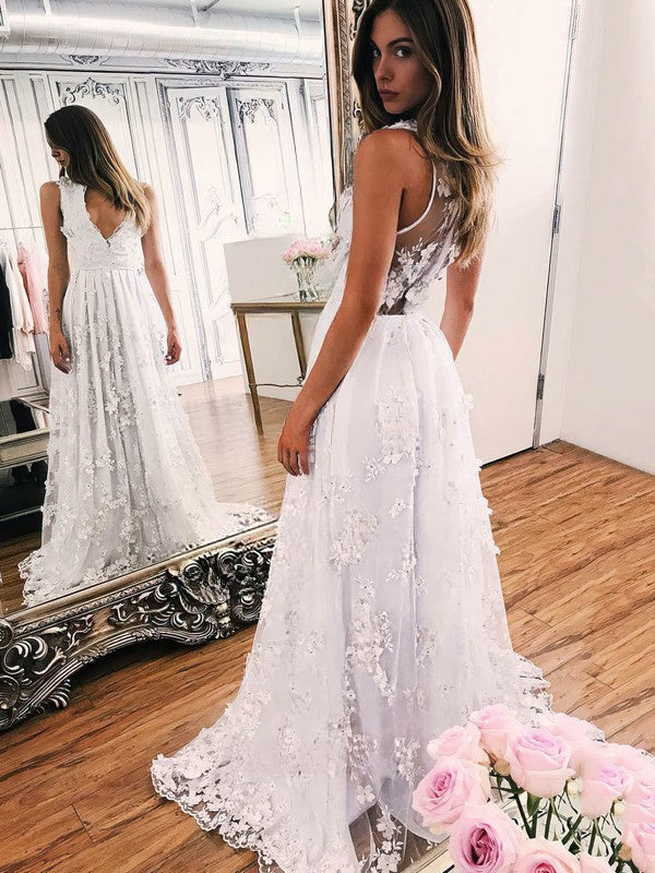 Charming A-Line V-Neck Tulle Lace A-Line Wedding Dresses with Sweep Train