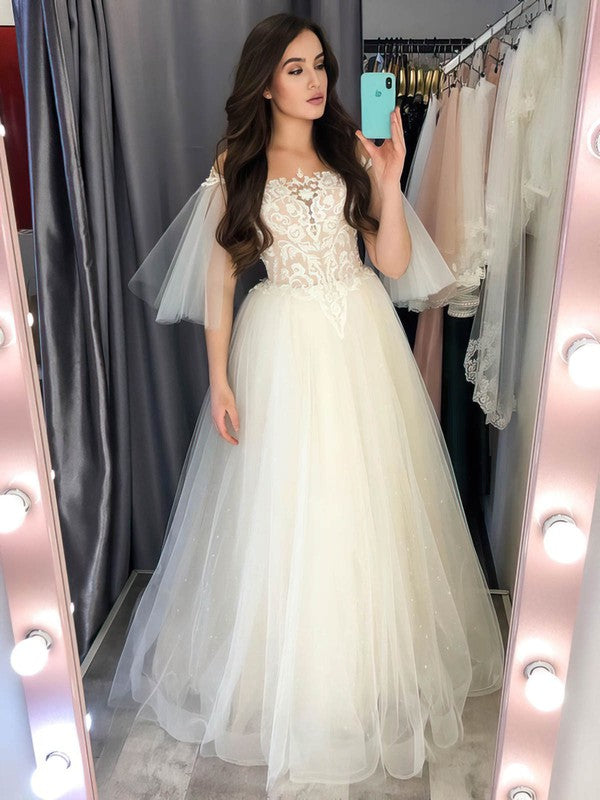 Elegant A-Line Off-The-Shoulder Tulle Lace Sweep Train Wedding Dresses