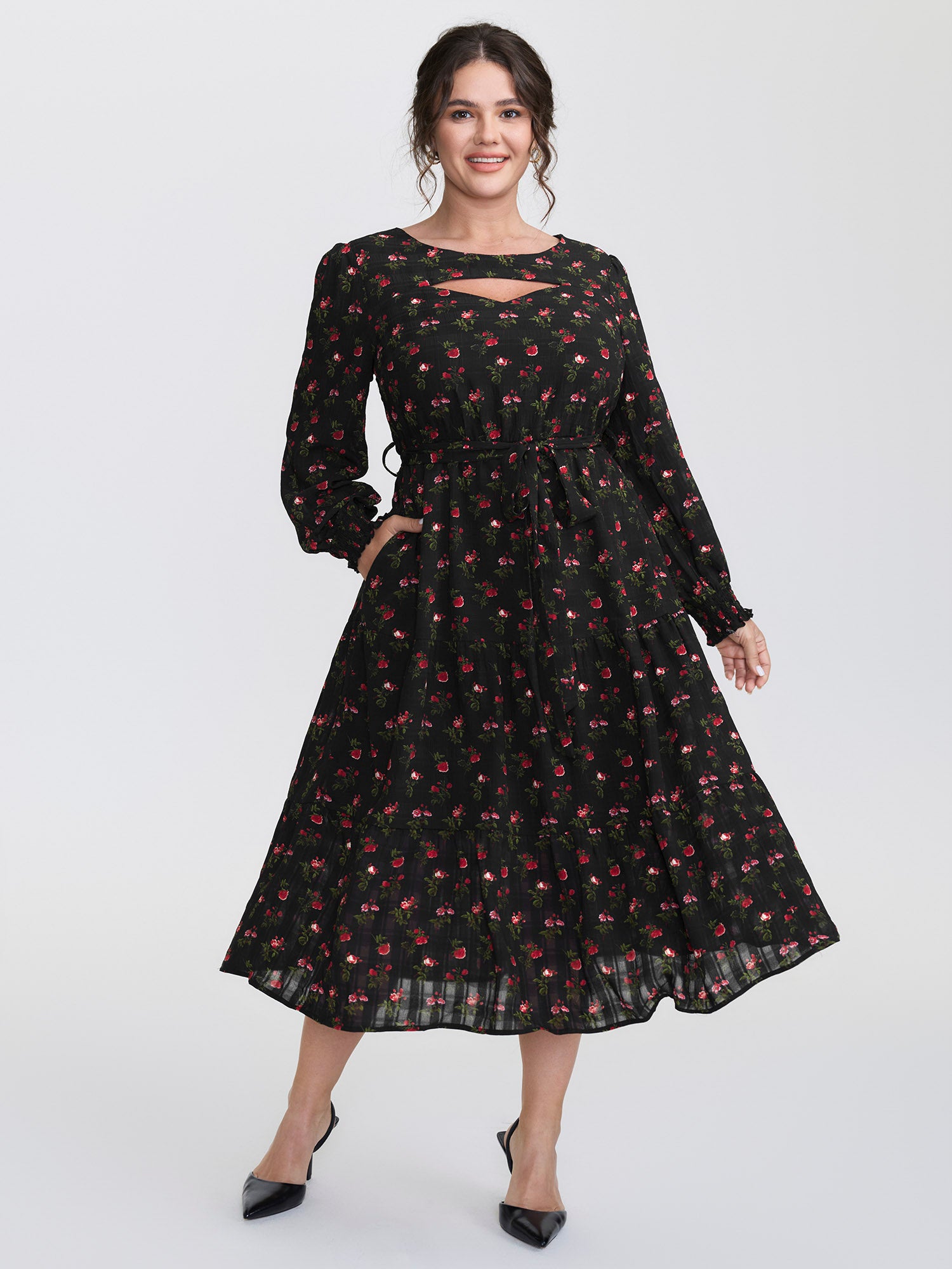 Floral Neck Cut-Out Shirred Maxi Dress