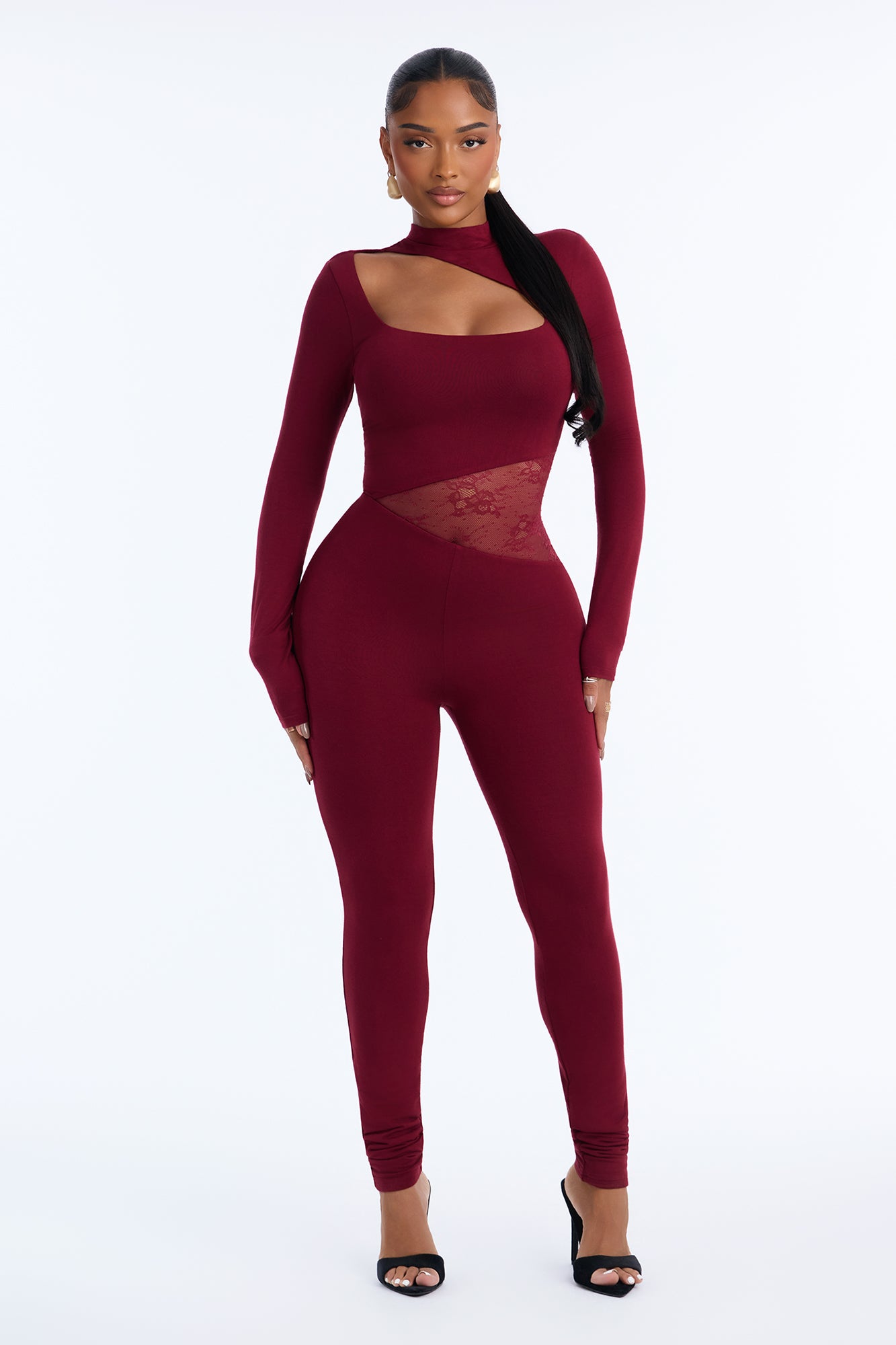 Sweetest Sin Lace Cut Out Skinny Leg Jumpsuit - Burgundy