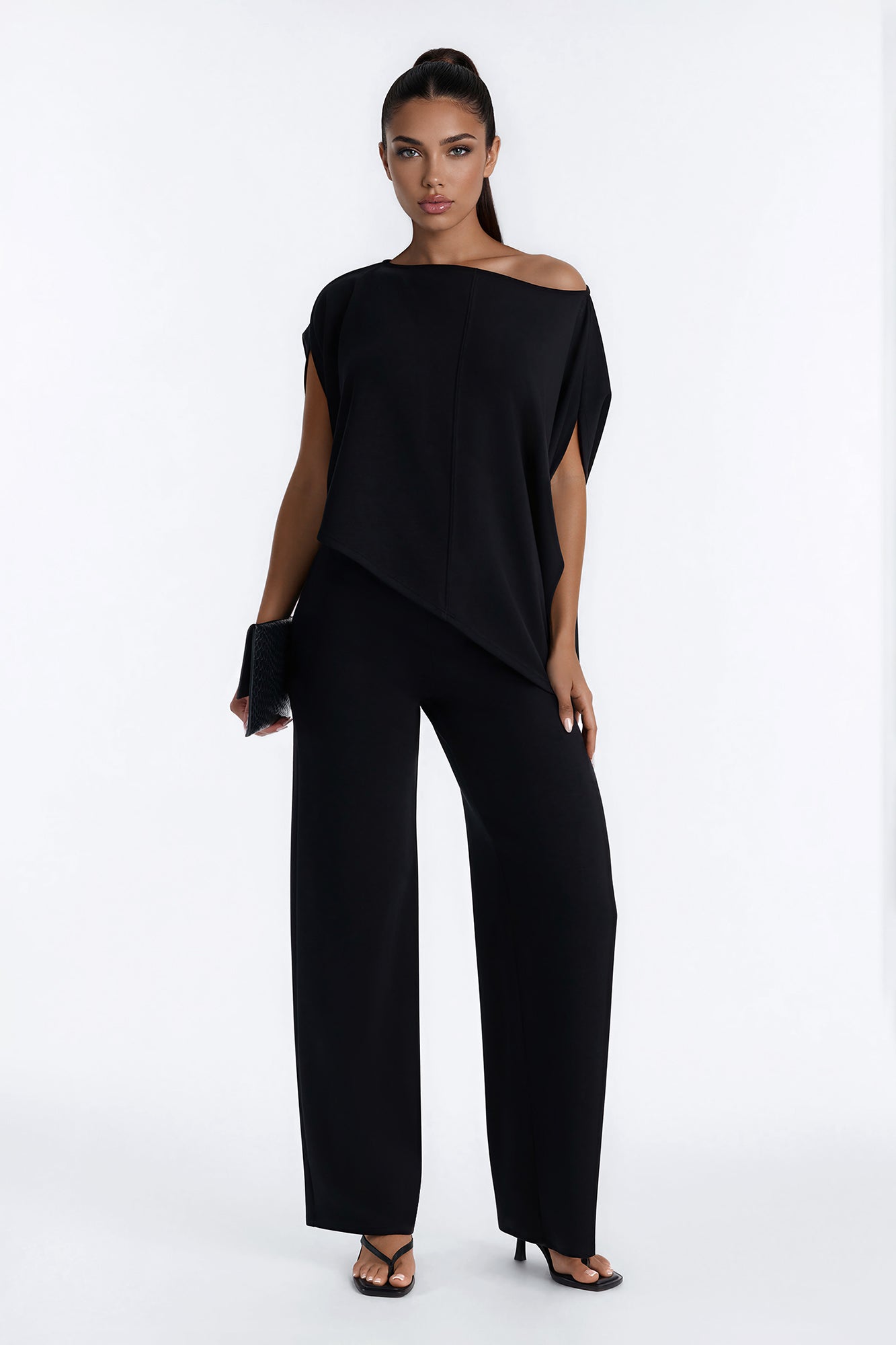 Alina One Shoulder Scuba Pant Set - Black