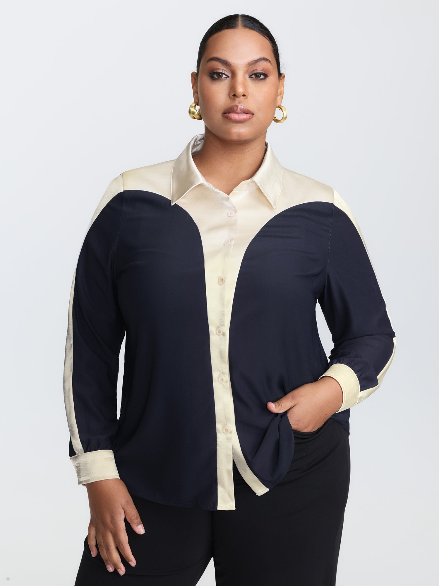 Contrast Material Button-Down Blouse