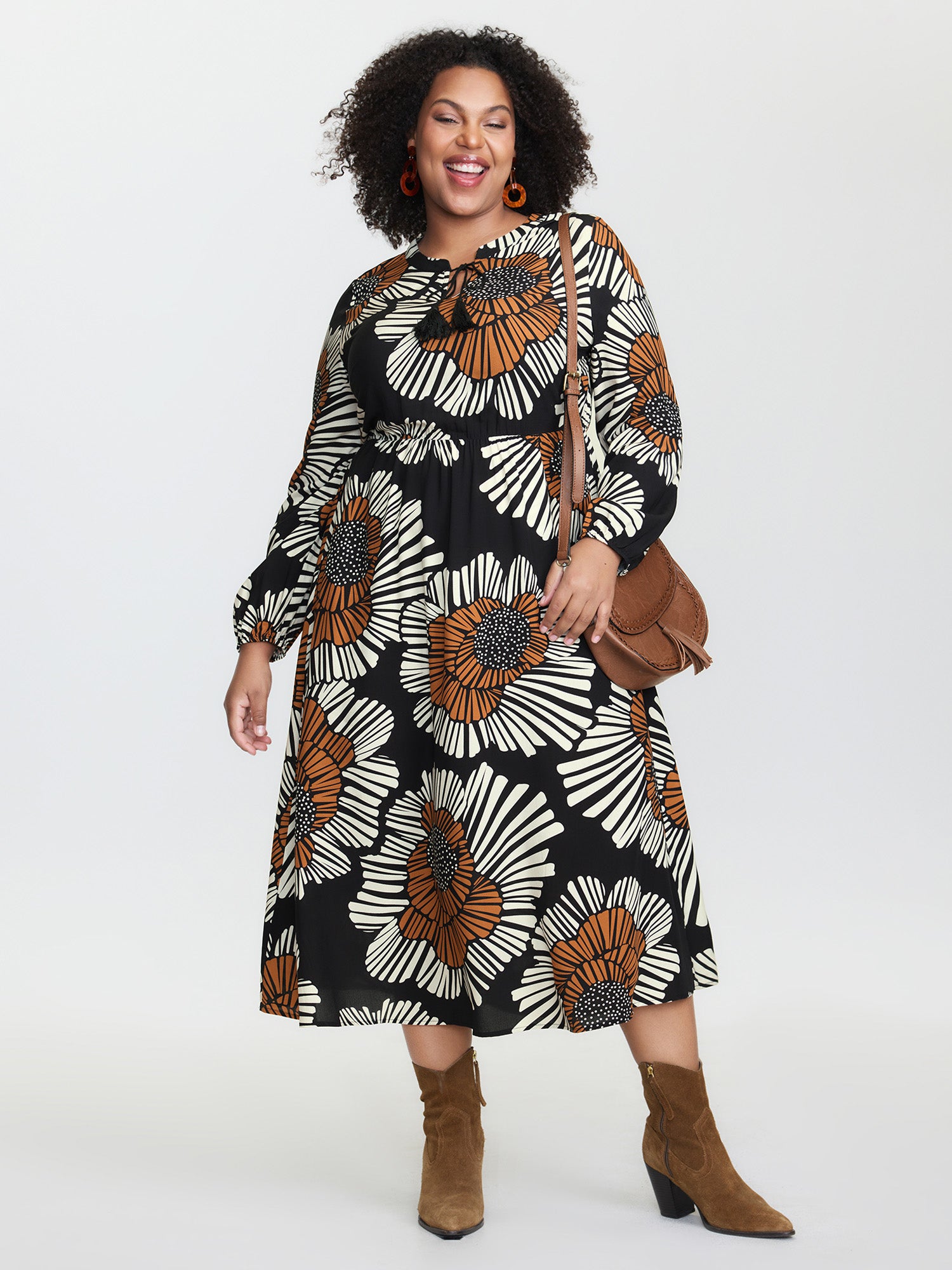 Large Floral Print Notched Collar Midi Dress