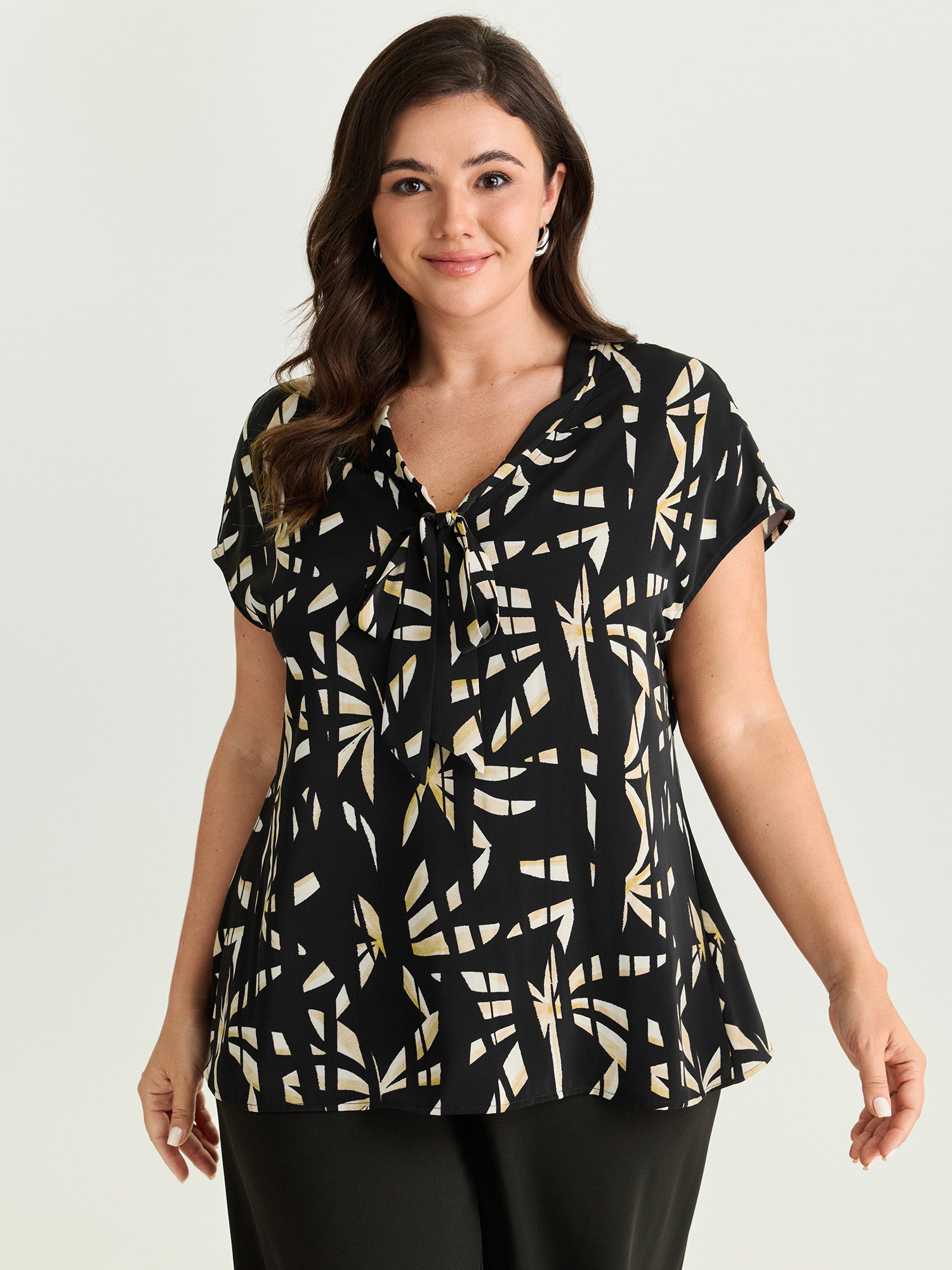 Geometric Print Ribbon Neckline Blouse