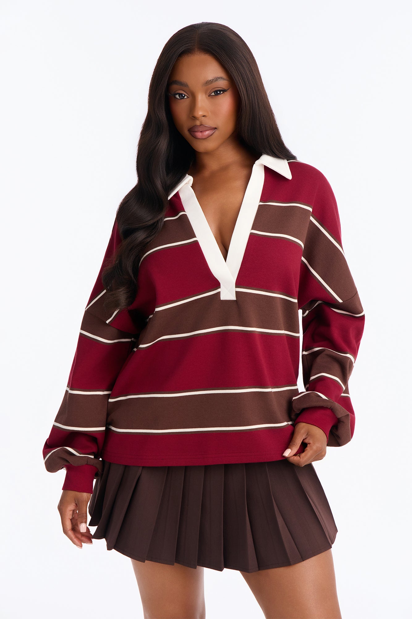 Emerson Long Sleeve Polo Top - Wine/combo