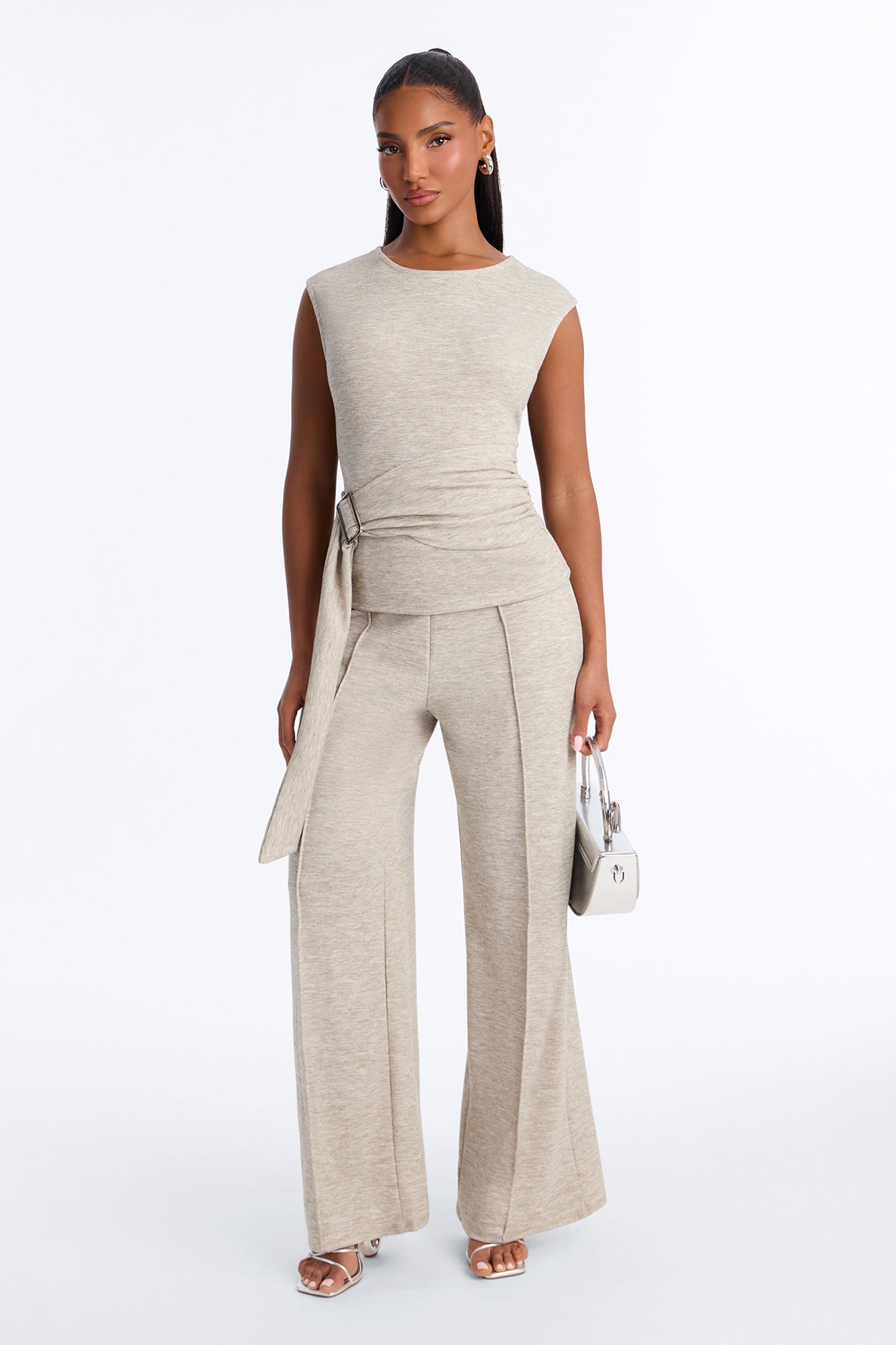 Liz Tie Front Textured Pant Set - Olive