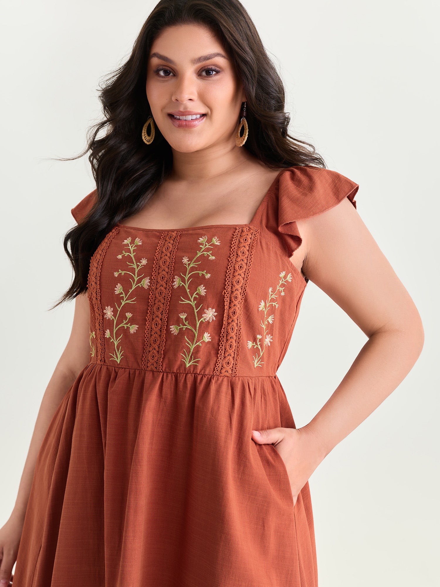 Floral Embroidered Flutter Sleeve Midi Dress