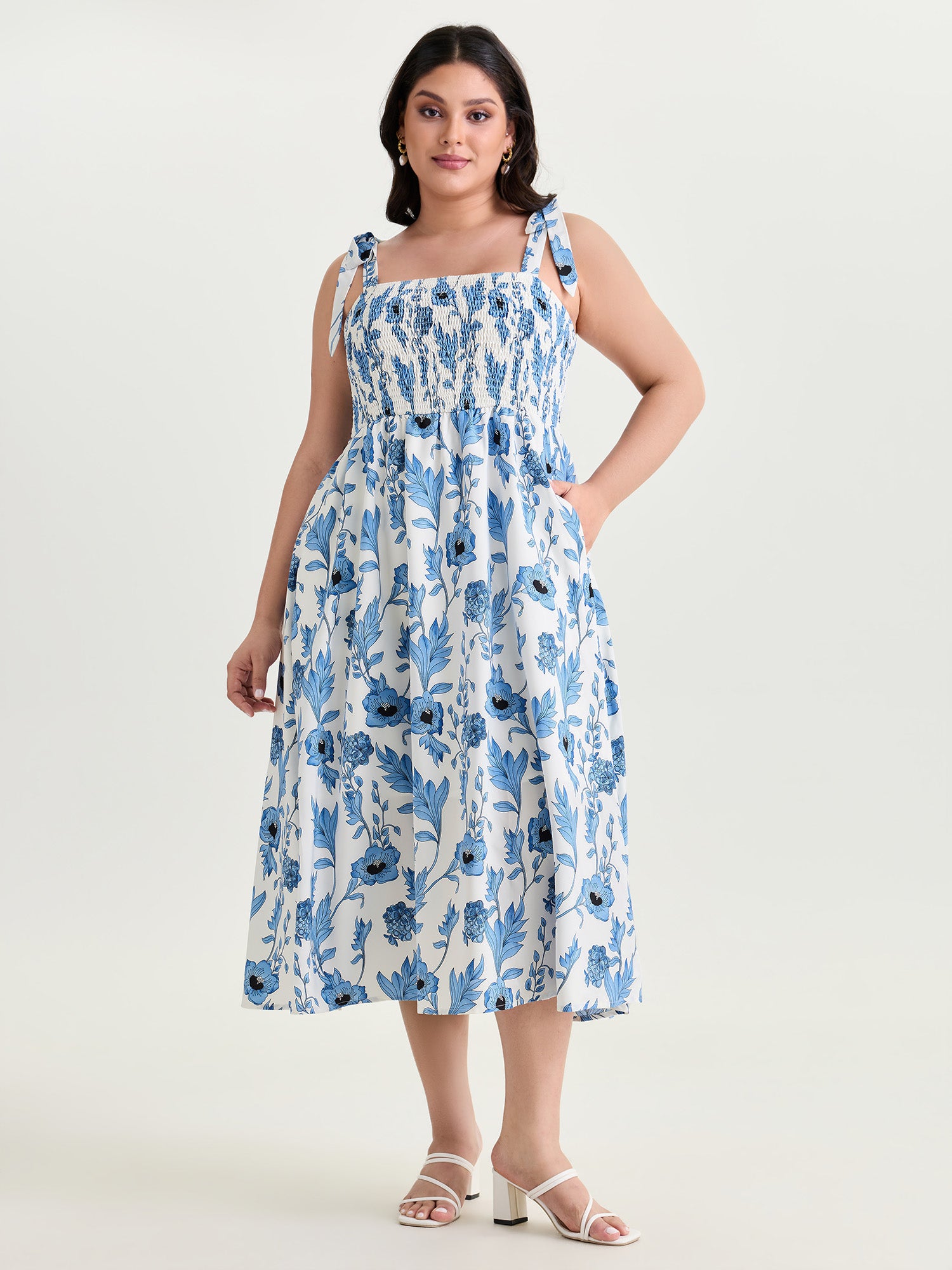 Floral Print Bowknot Shoulder Straps Midi Dress