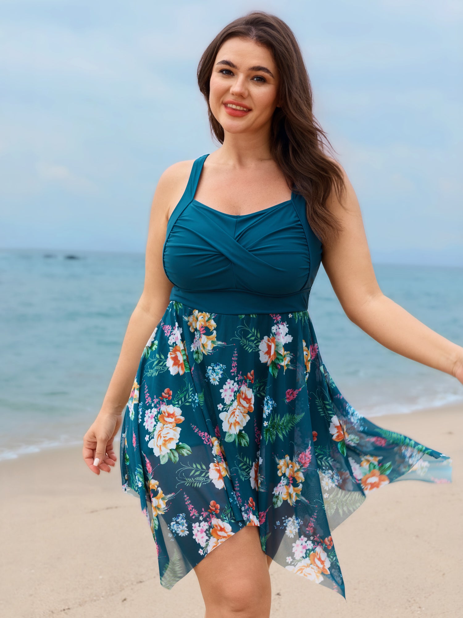 Floral Print Pockets Contrast Swim Dress