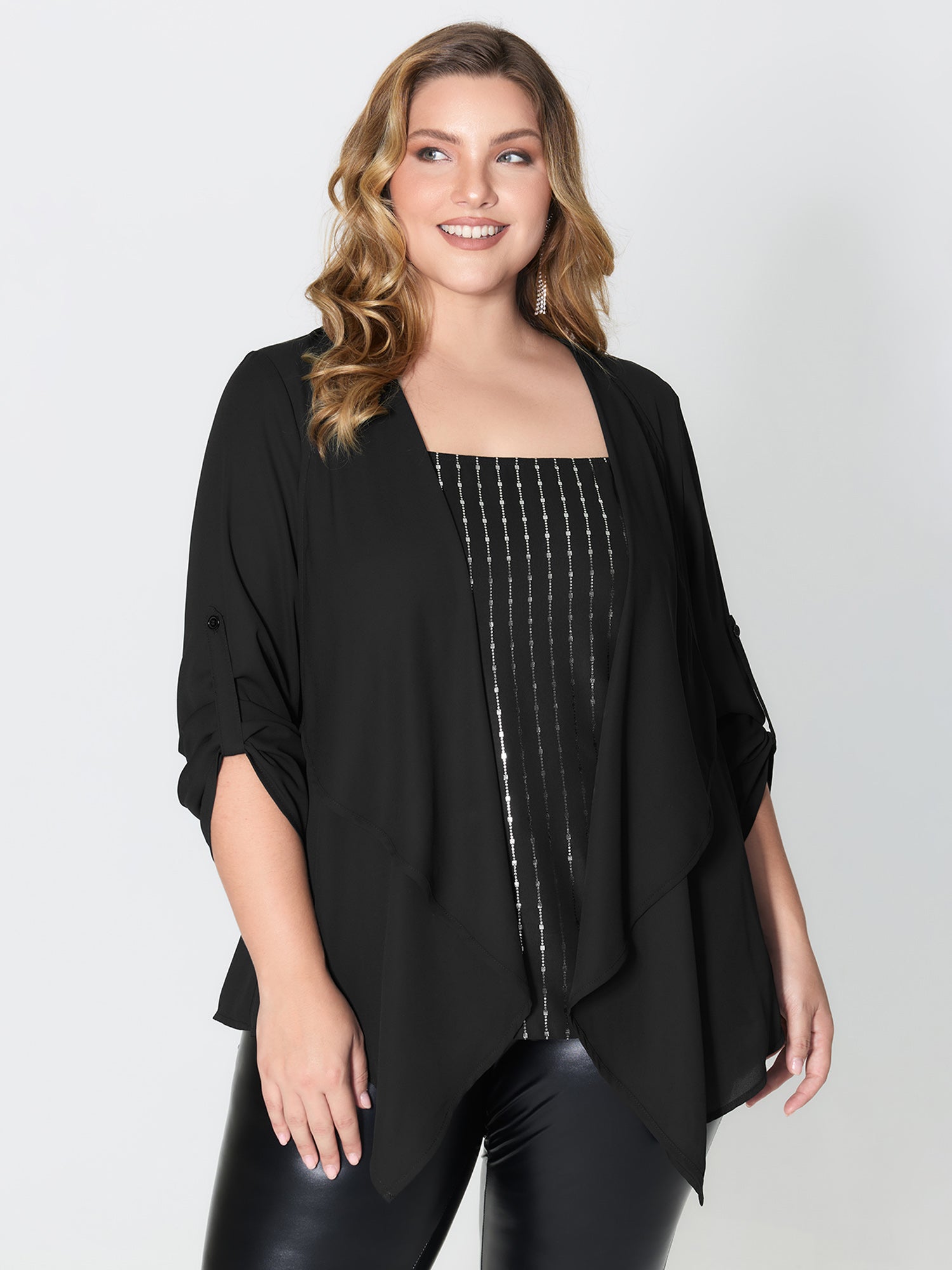 Shiny Silk Two-Piece Ruffled Blouse