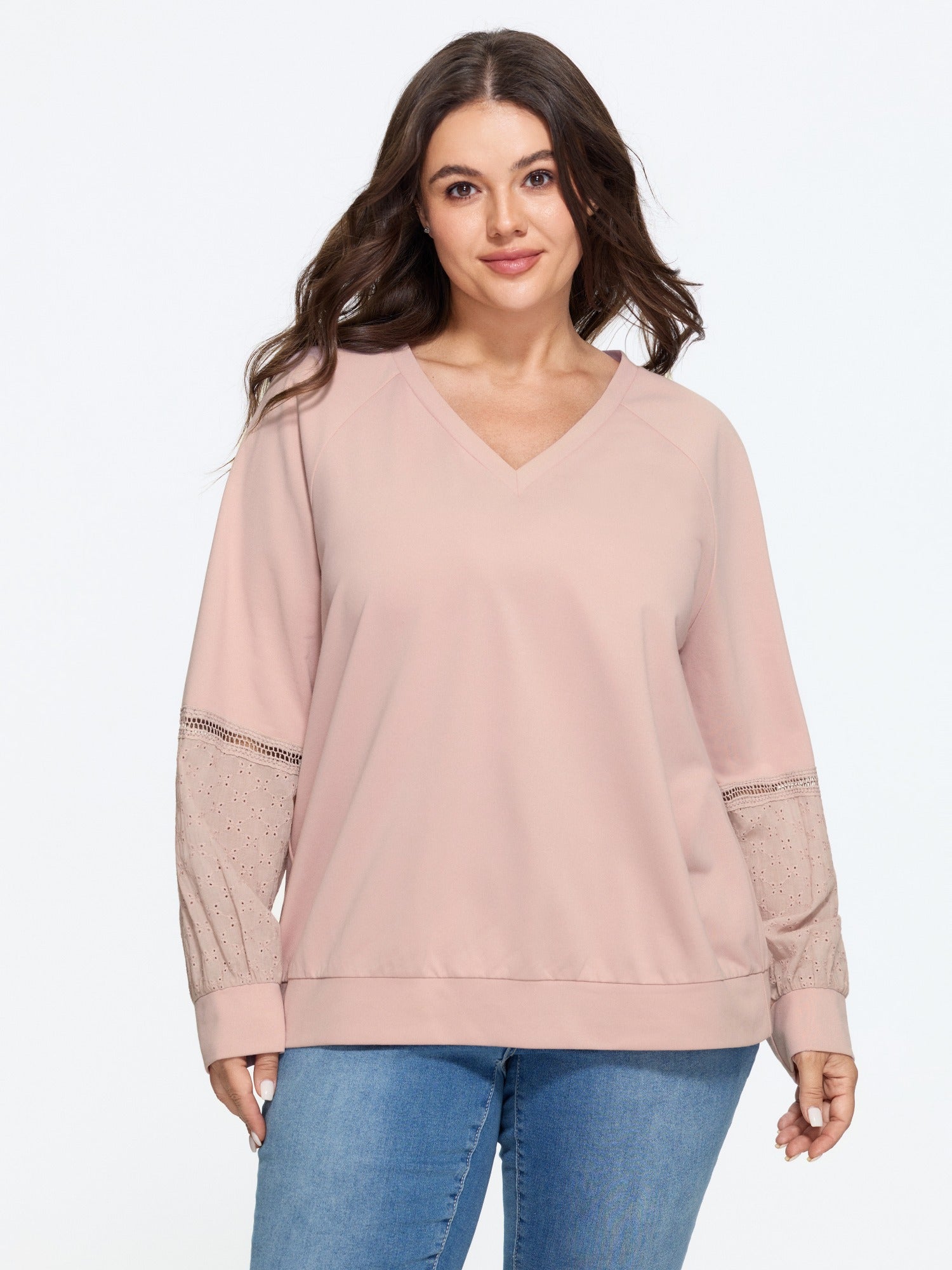 V Neck Eyelet Embroidery Patchwork Sweatshirt