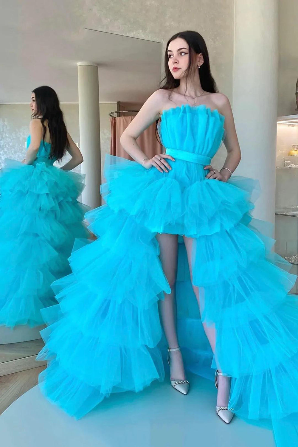 Sky Blue Long Prom Dress with Criss Cross Back in High Low Strapless Style