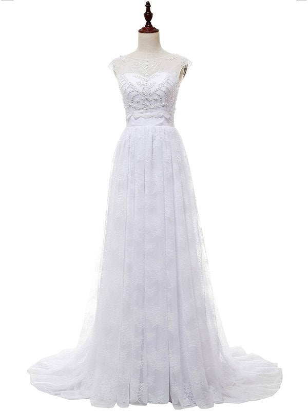 Deluxe A-Line Sweetheart Lace Sweep Train Wedding Dresses with Beading