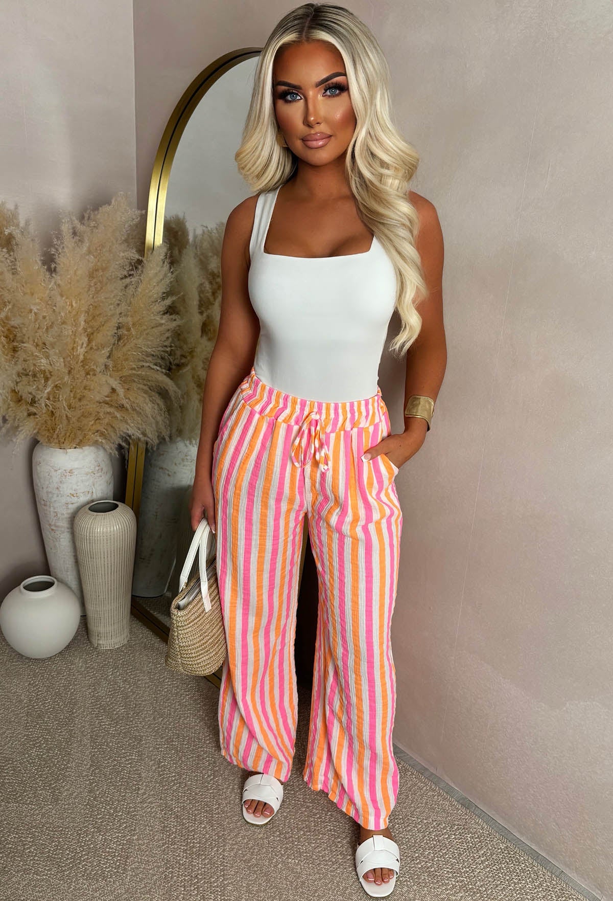 Summer Nostalgia Pink Stripe Straight Leg Casual Trousers