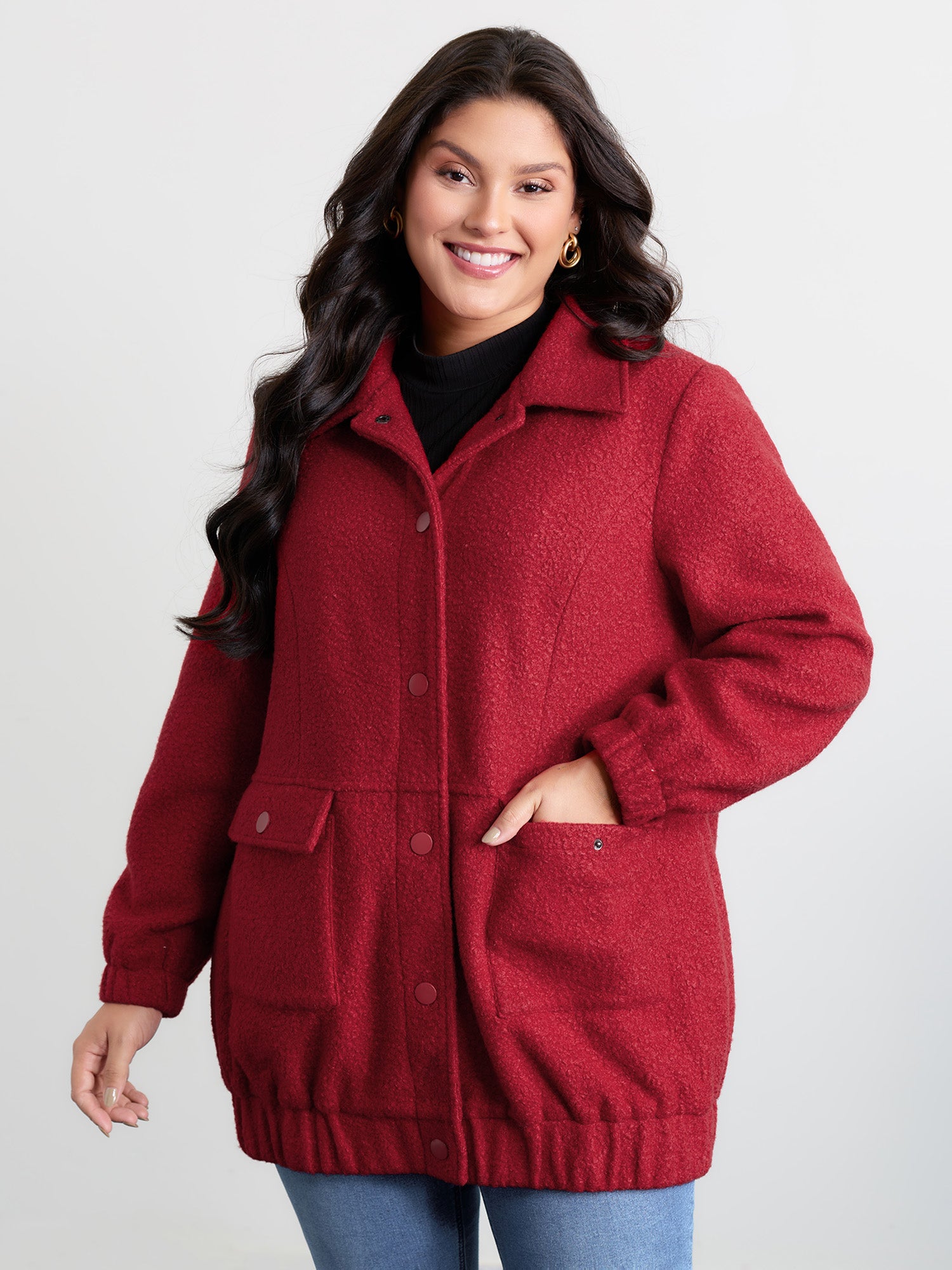 Textured Fuzzy Button Stretchy Hem Coat