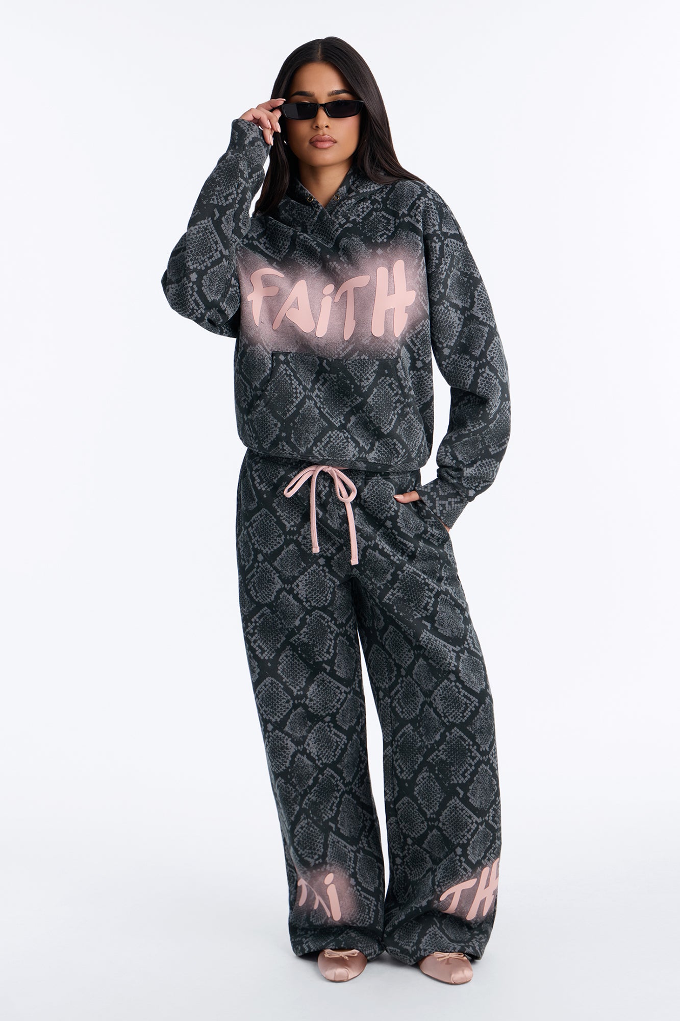 Faith Airbrushed Snakeskin Wide Leg Sweatpants - Charcoal