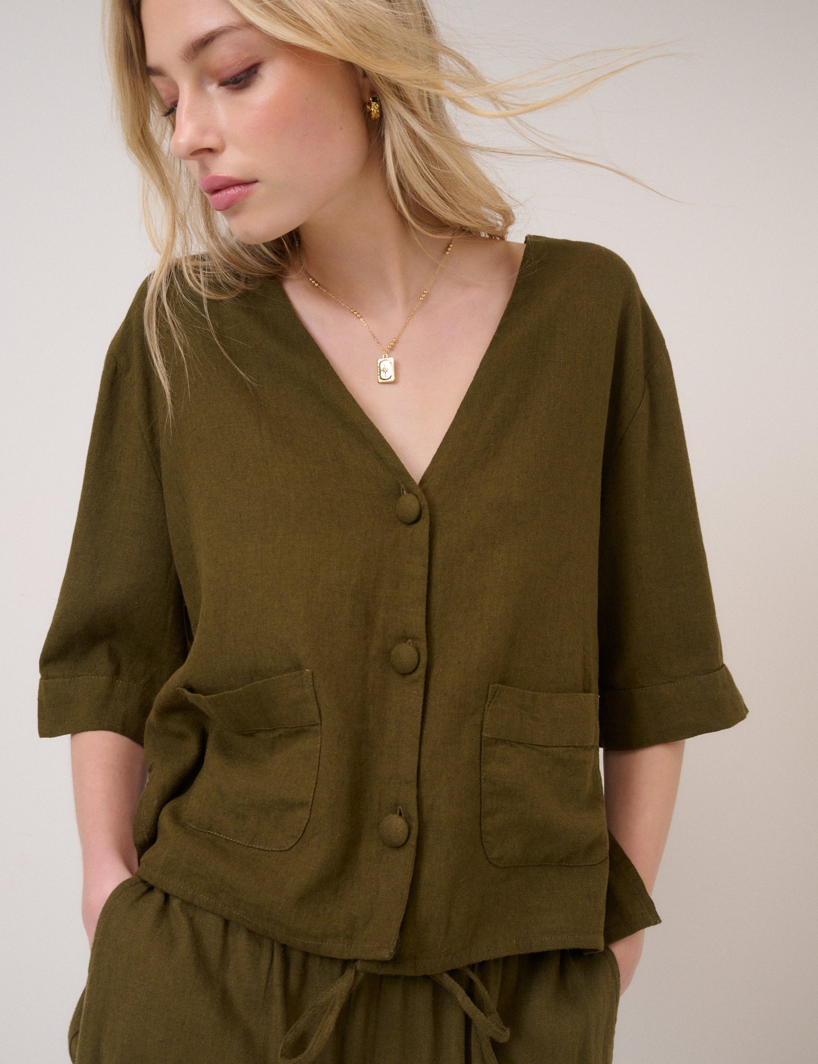 Green Linen-Blend Short Sleeve Shirt
