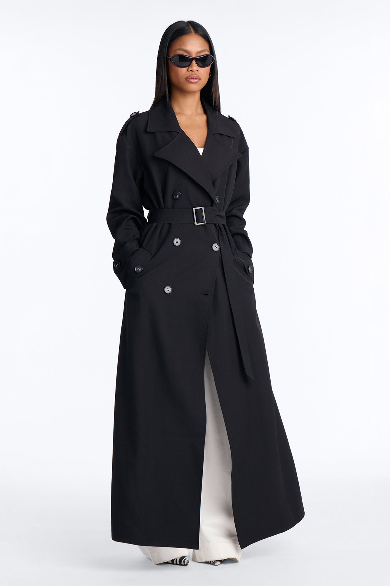 Elorea Belted Solid Trench Coat - Black