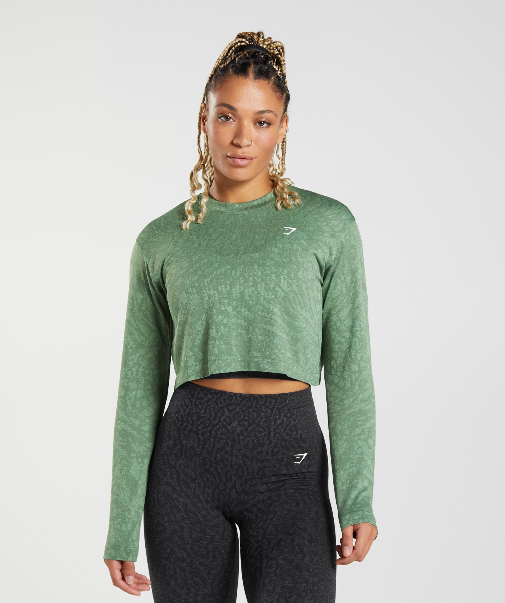 Gymshark Adapt Animal Seamless Long Sleeve Top - Iguana Green/Tea Green