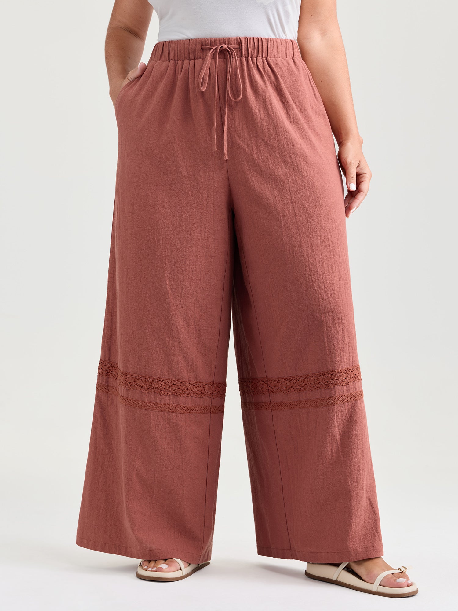 Cotton Drawstring Waist Lace Trim Pants