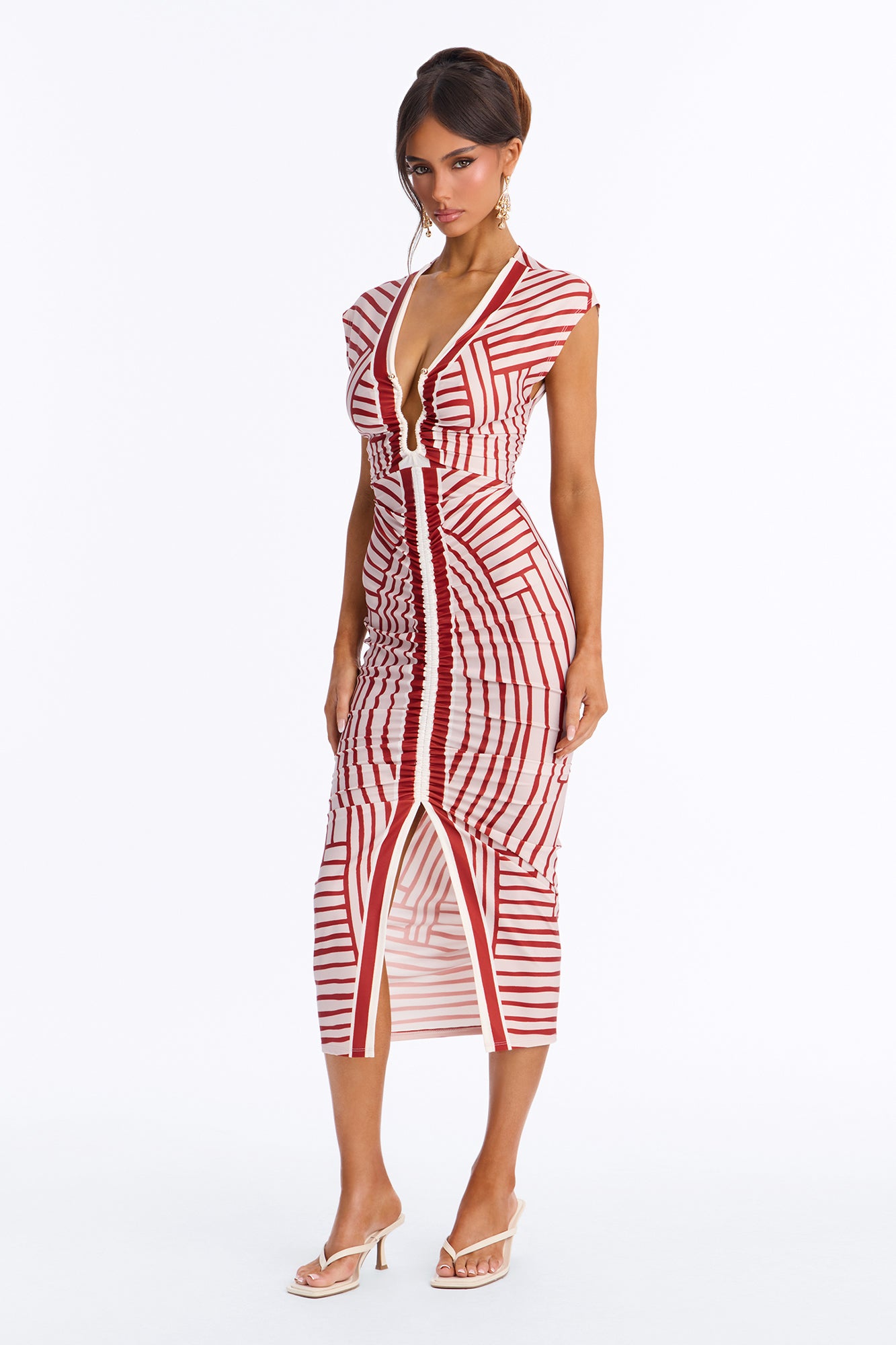 Abstract Work Of Art Deep V Sleeveless Midi Dress - Rust/combo