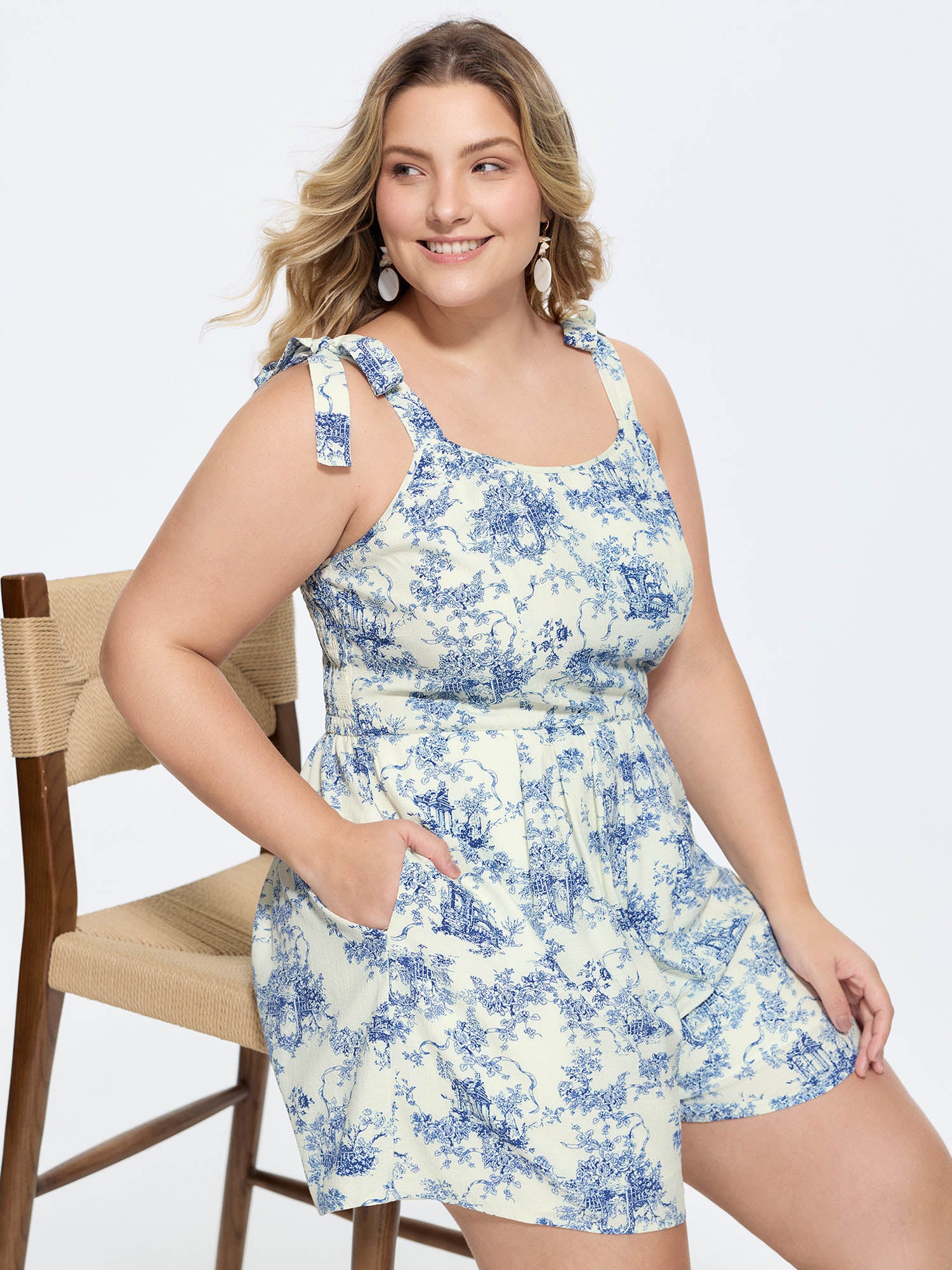 Garden Print Adjustable Shoulder-Tie Romper