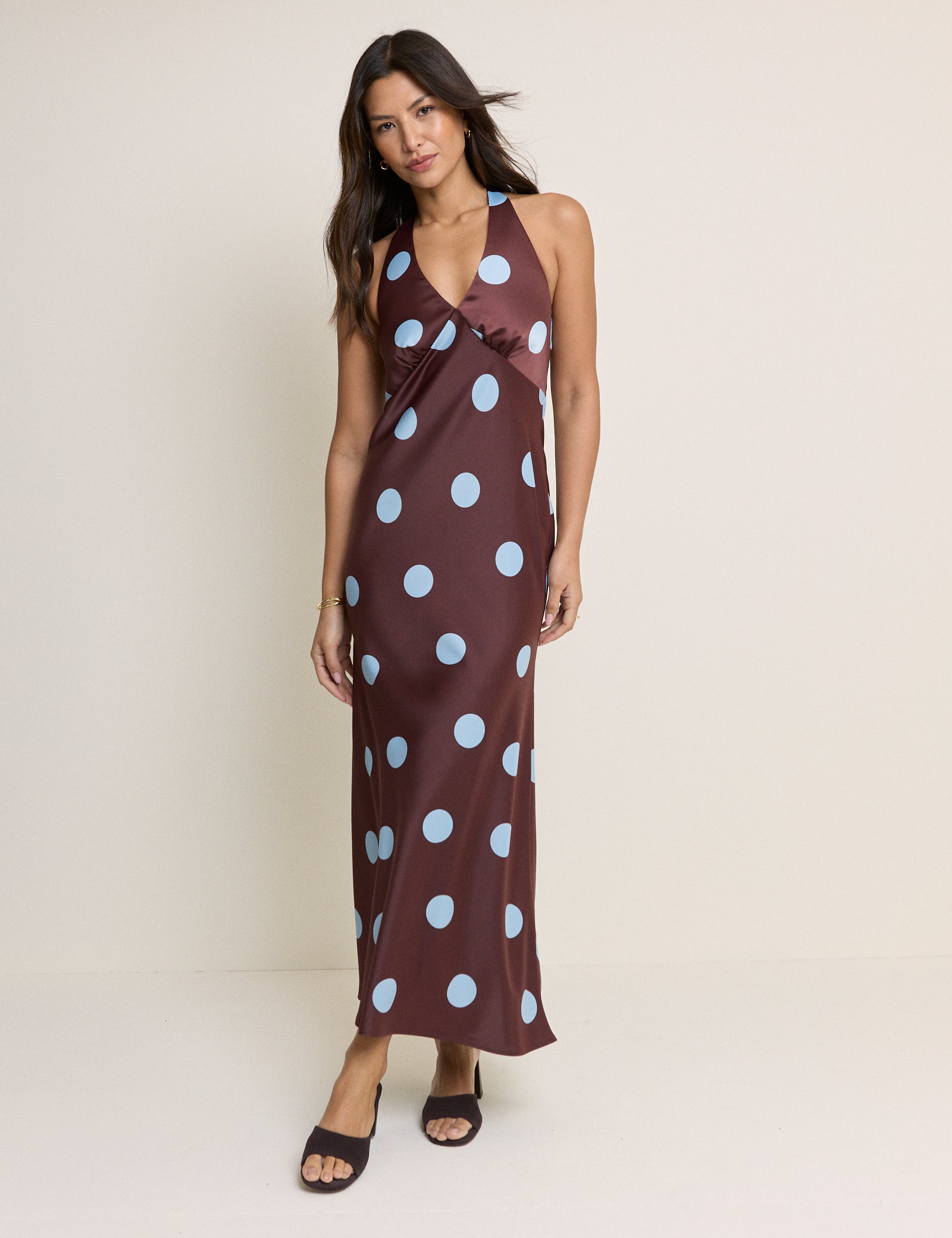 Brown Polka Dot Cali Halterneck Maxi Dress