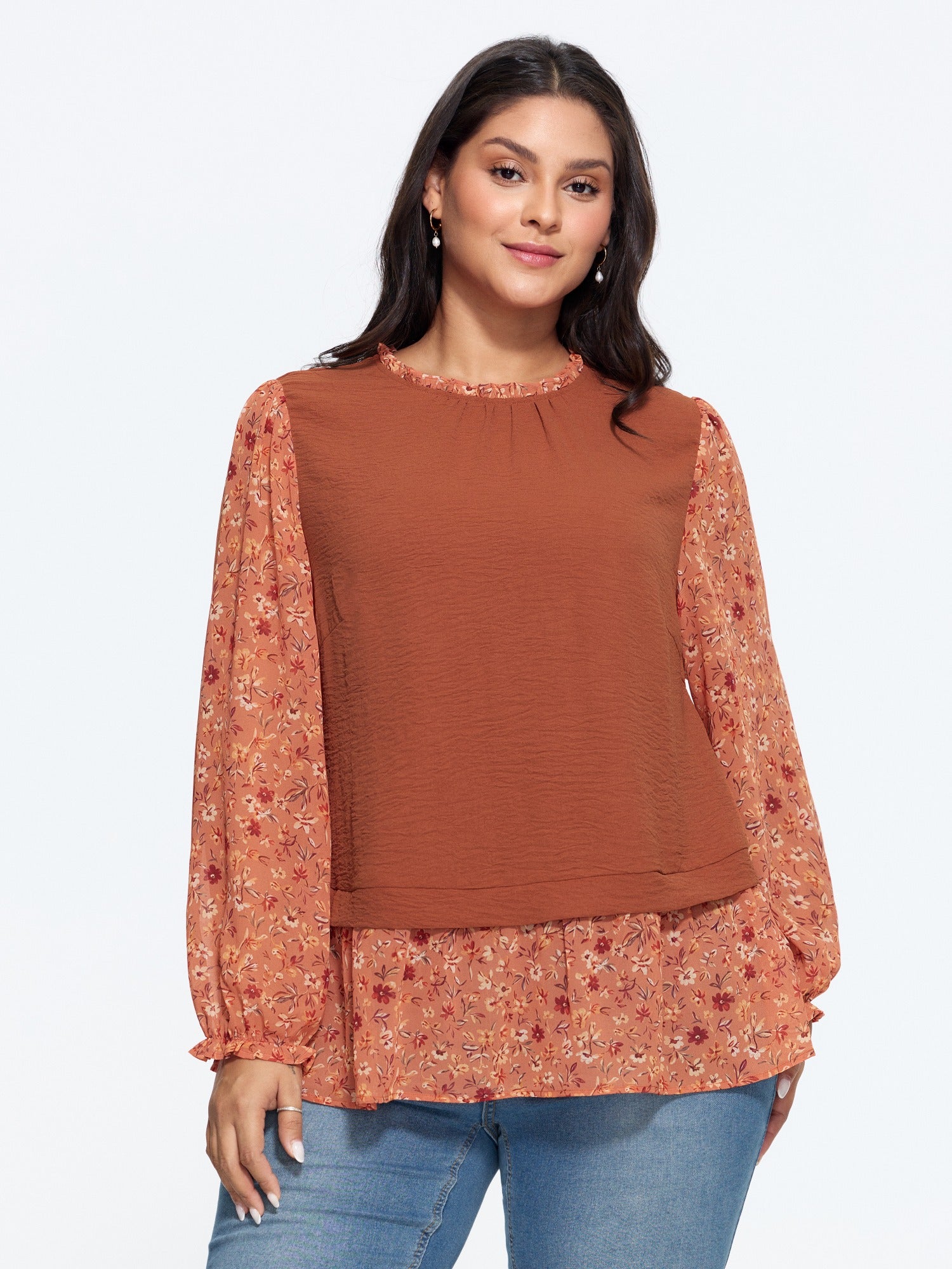Floral Patchwork Ruffle Neck Blouse
