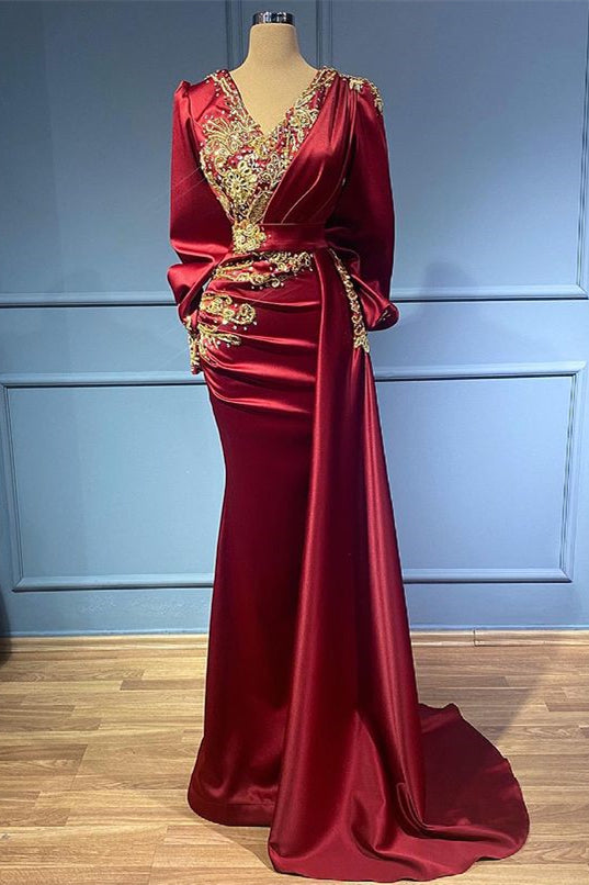 Burgundy Mermaid Long Sleeves Beads Ruffles Evening Dress With Appliques