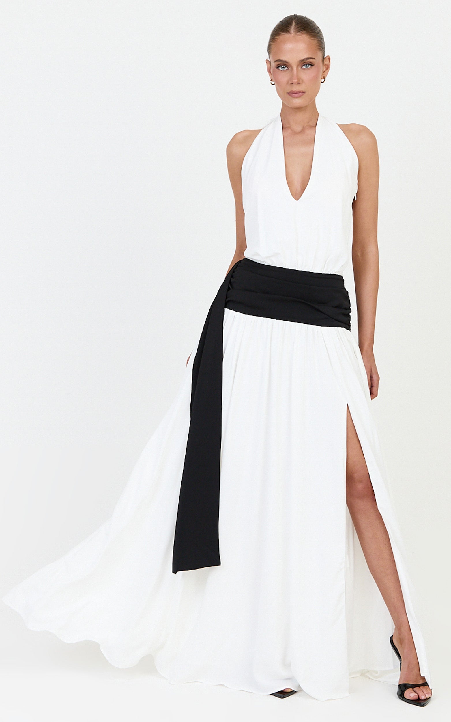 Erin Maxi Dress - Plunge Halter Neck Draped Dropped Waist Sash Dress in Cream