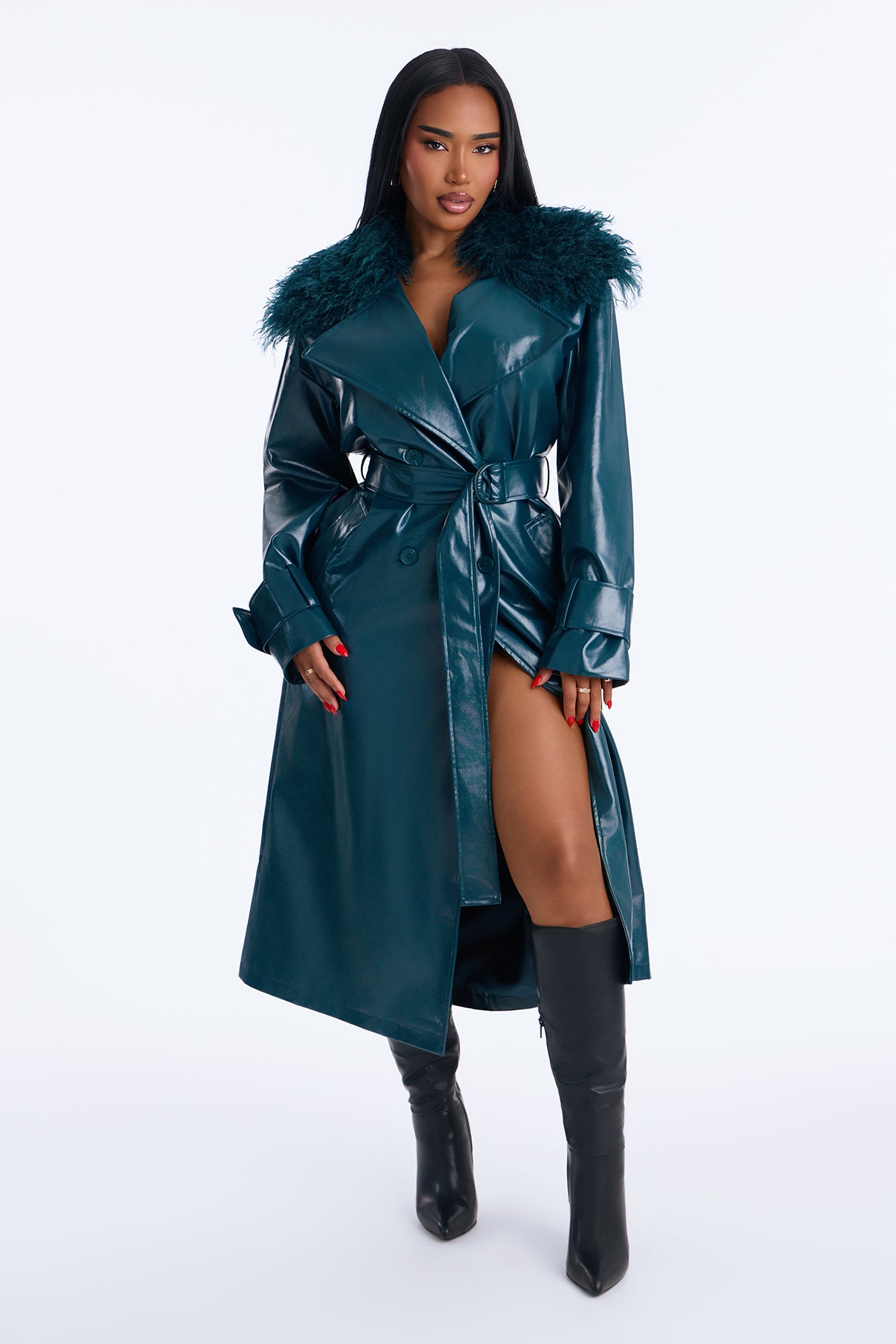 Marissa Faux Leather Fur Trim Maxi Coat - Hunter Green
