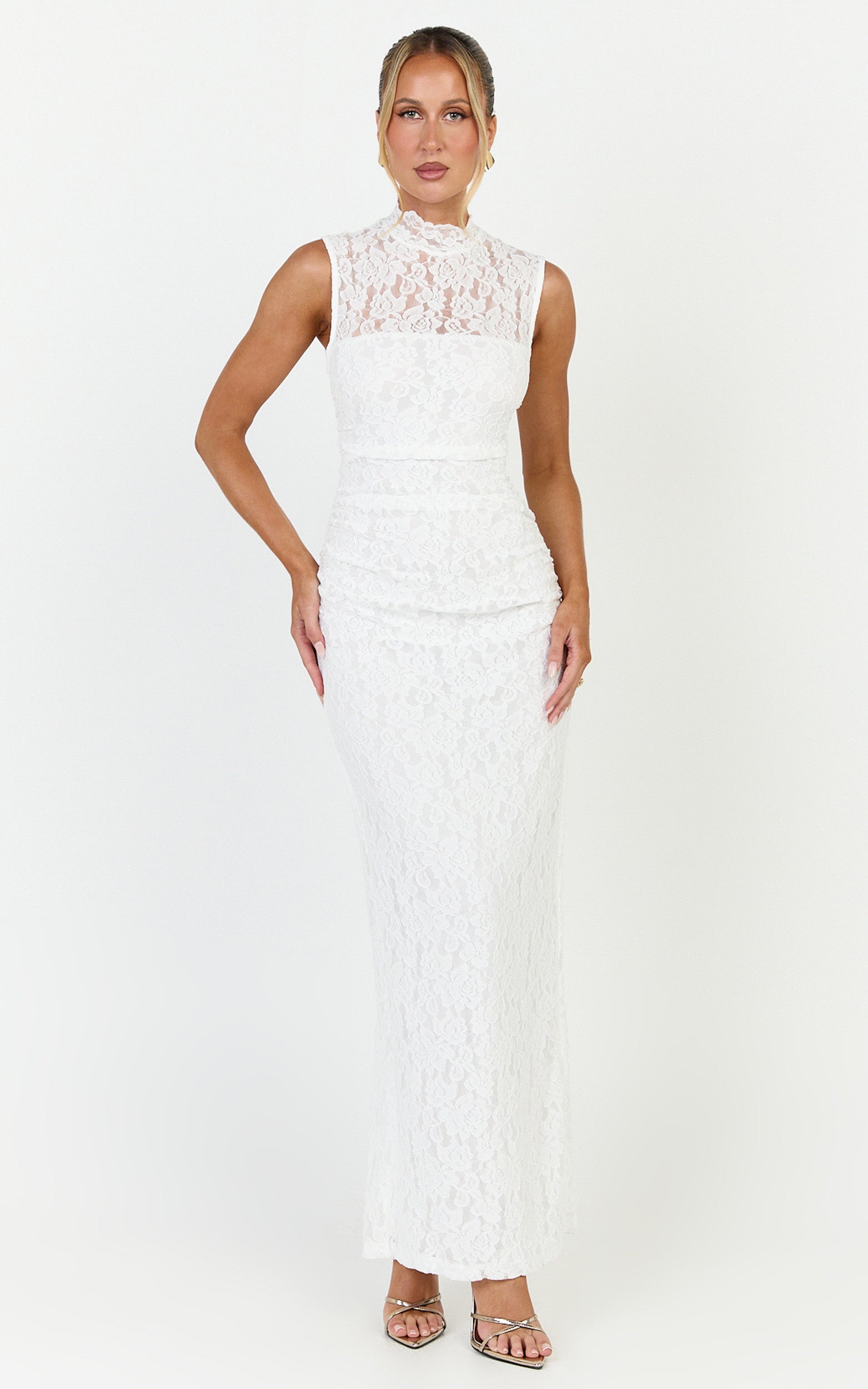 Luna Maxi Dress - Lace High Neck Sleeveless Dress in White