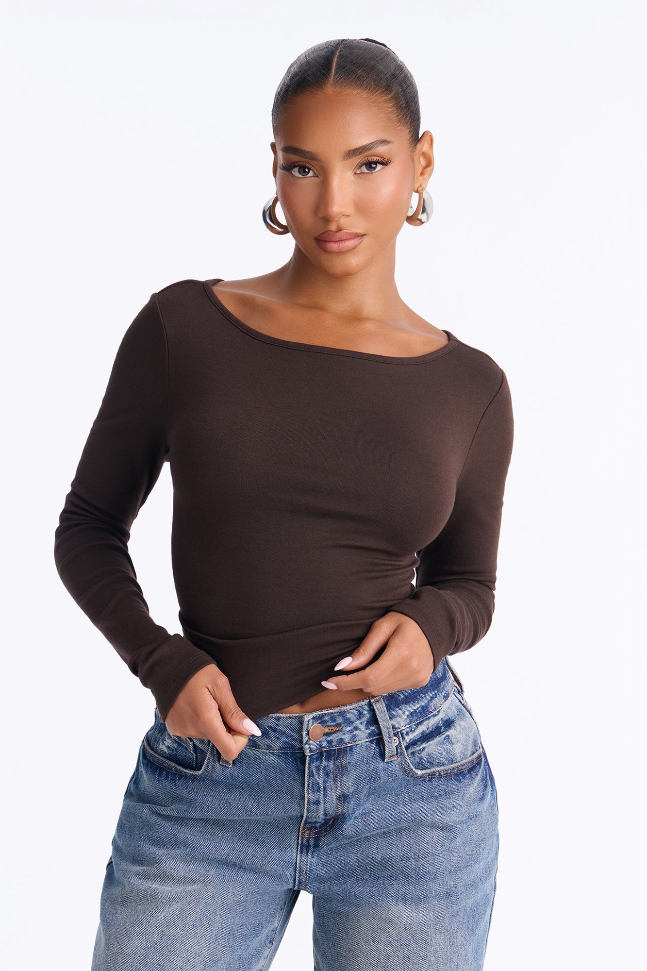 Everyday Basic Boat Neck Cotton Blend Long Sleeve Top - Chocolate