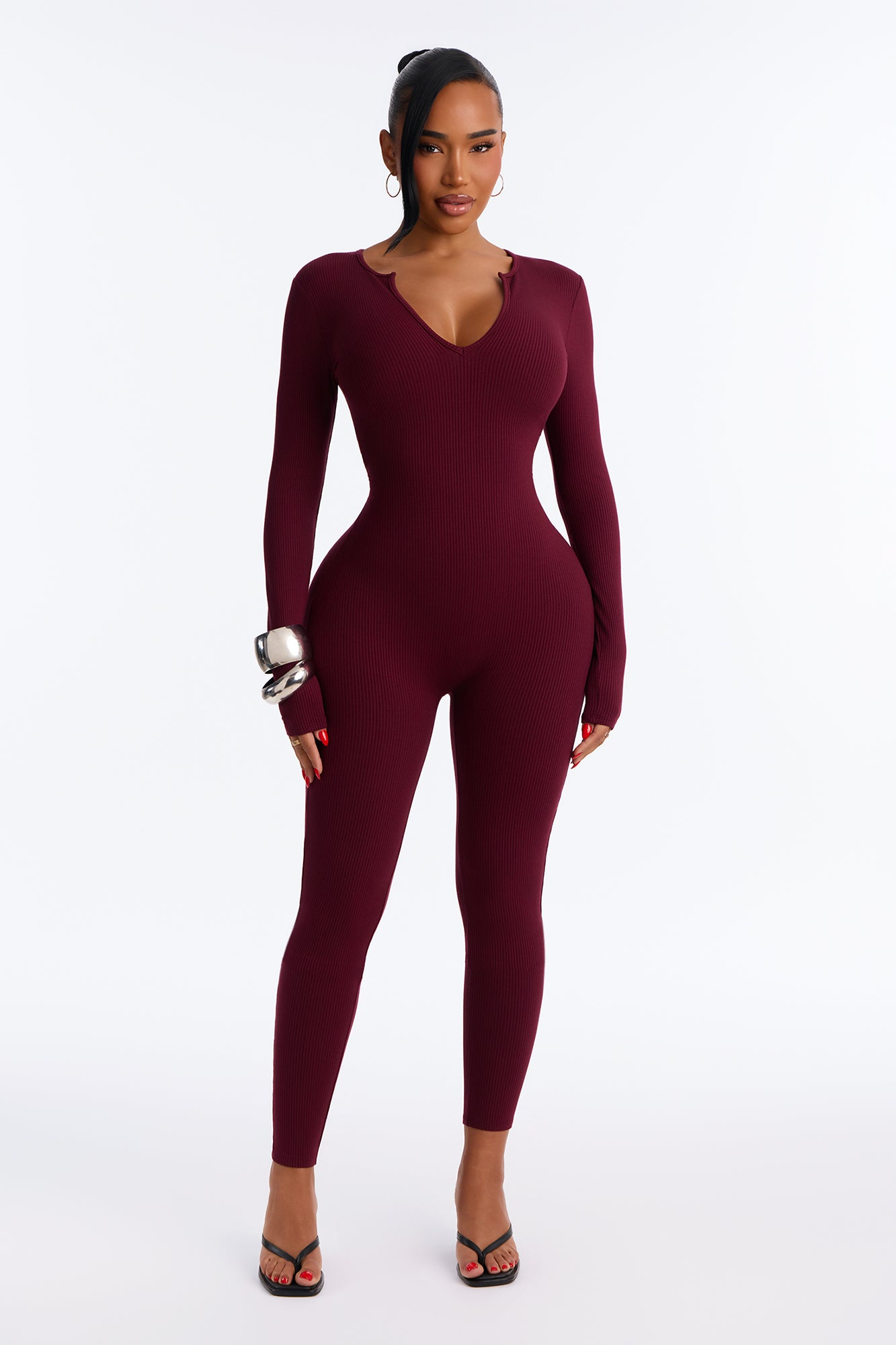 Mariana V-Neck Snatched Jumpsuit - Burgundy