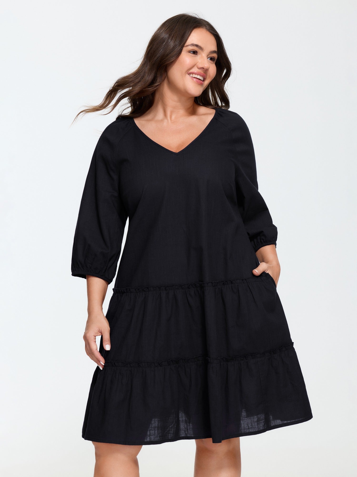 Cotton V‑Neck Tiered Ruffle Mini Dress