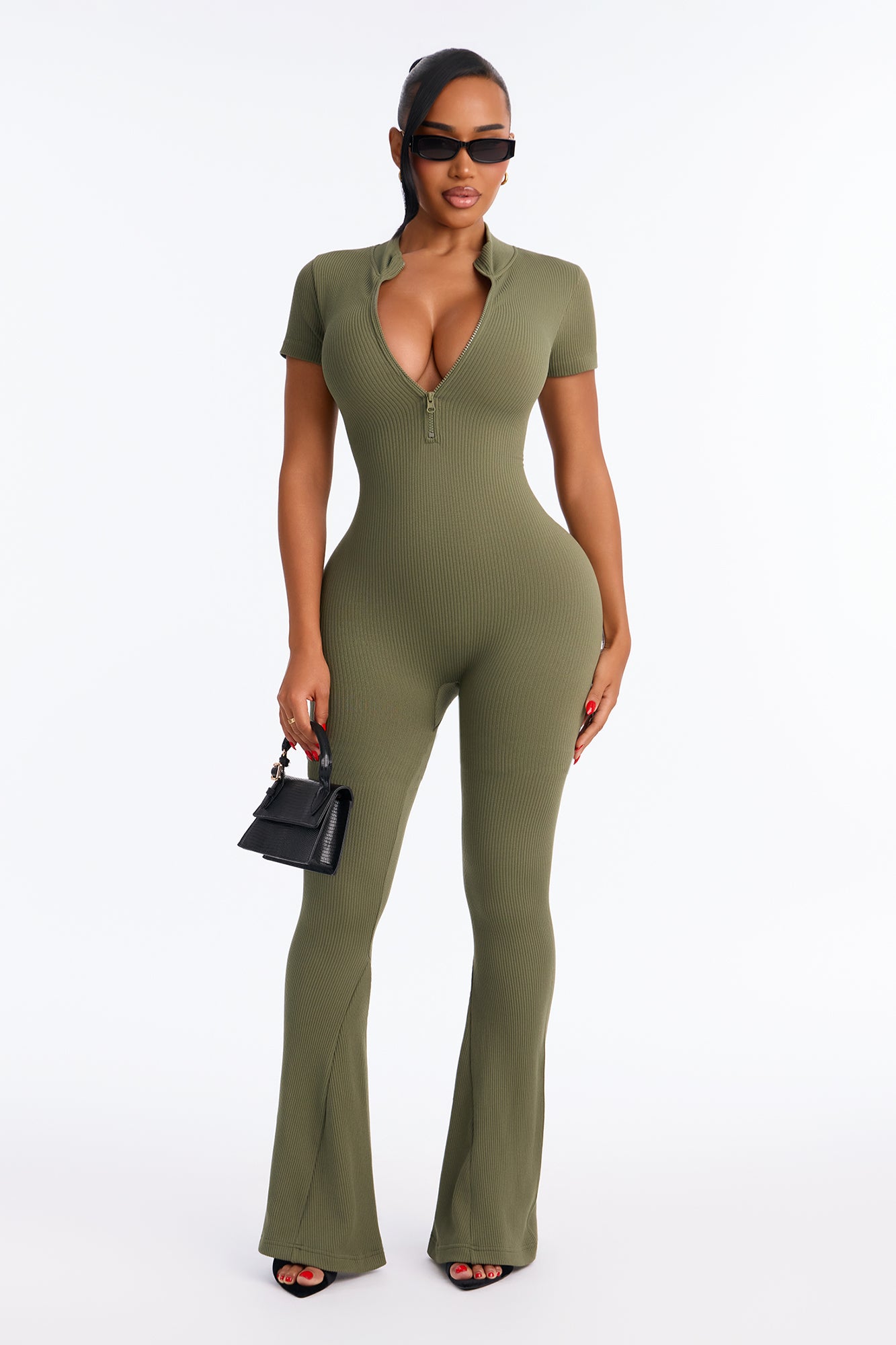 Kendra Seamless Rib Short Sleeve Jumpsuit - Olive