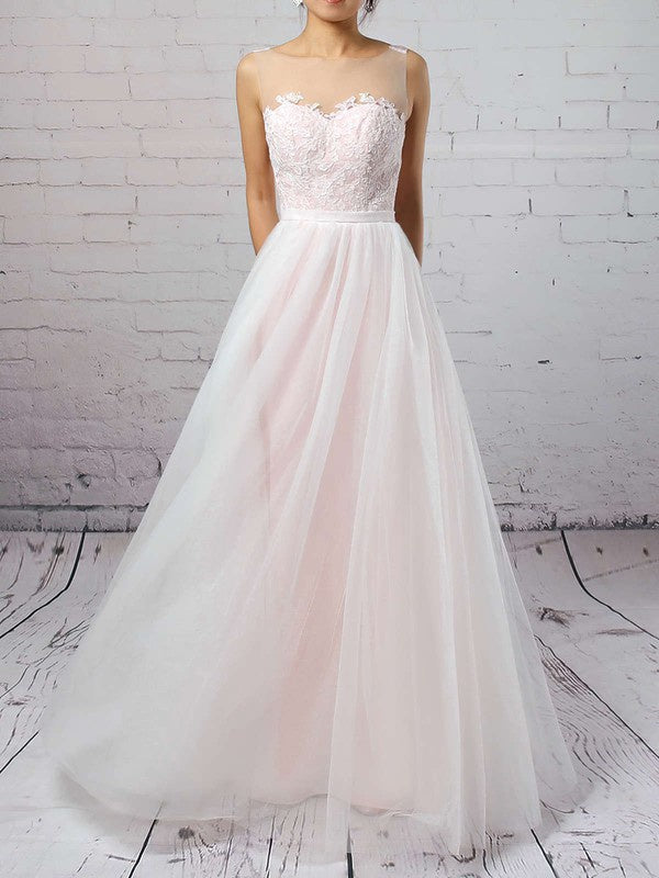 Gorgeous Floor-Length Sleeveless Tulle A-Line Wedding Dresses with Sash