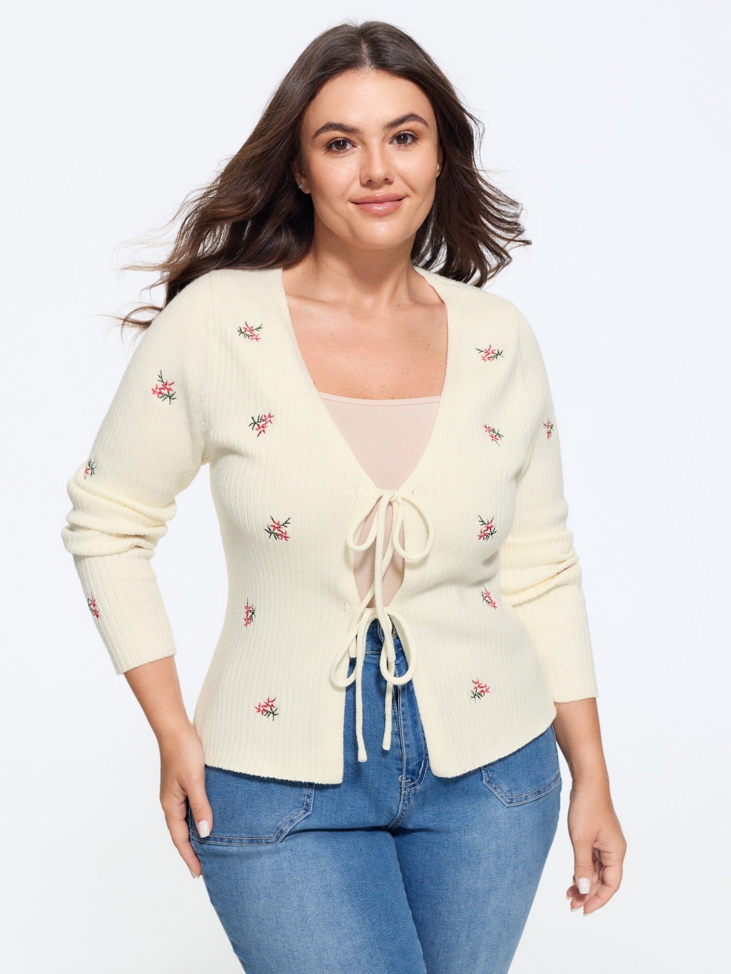 Floral Embroidery Tie Front Knit Cardigan