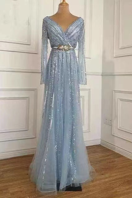 Elegant Deep V-Neck Long Sleeves Sequins Evening Dress With Beads Tulle