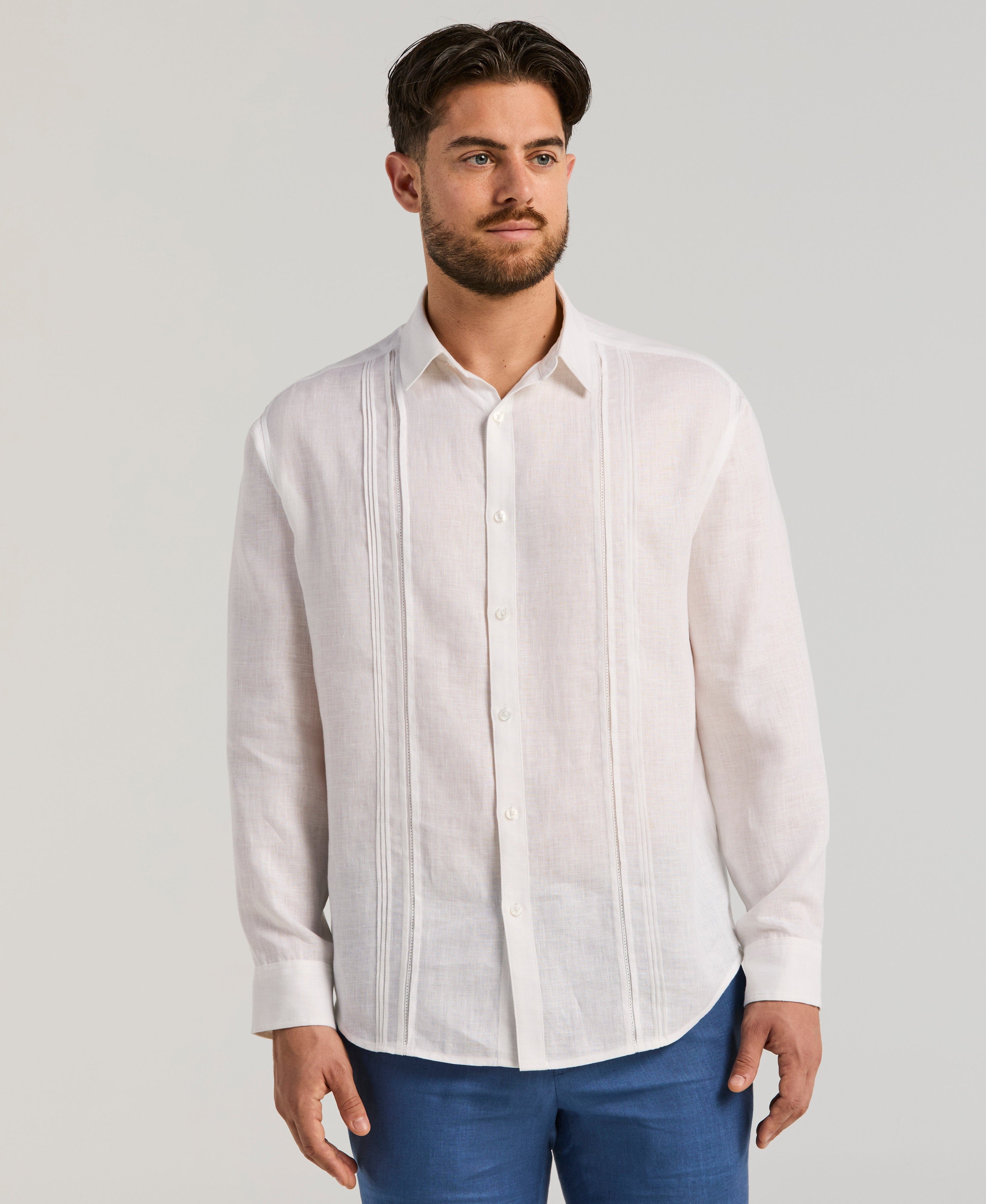 Linen Embroidered Tuck Panel Guayabera Shirt