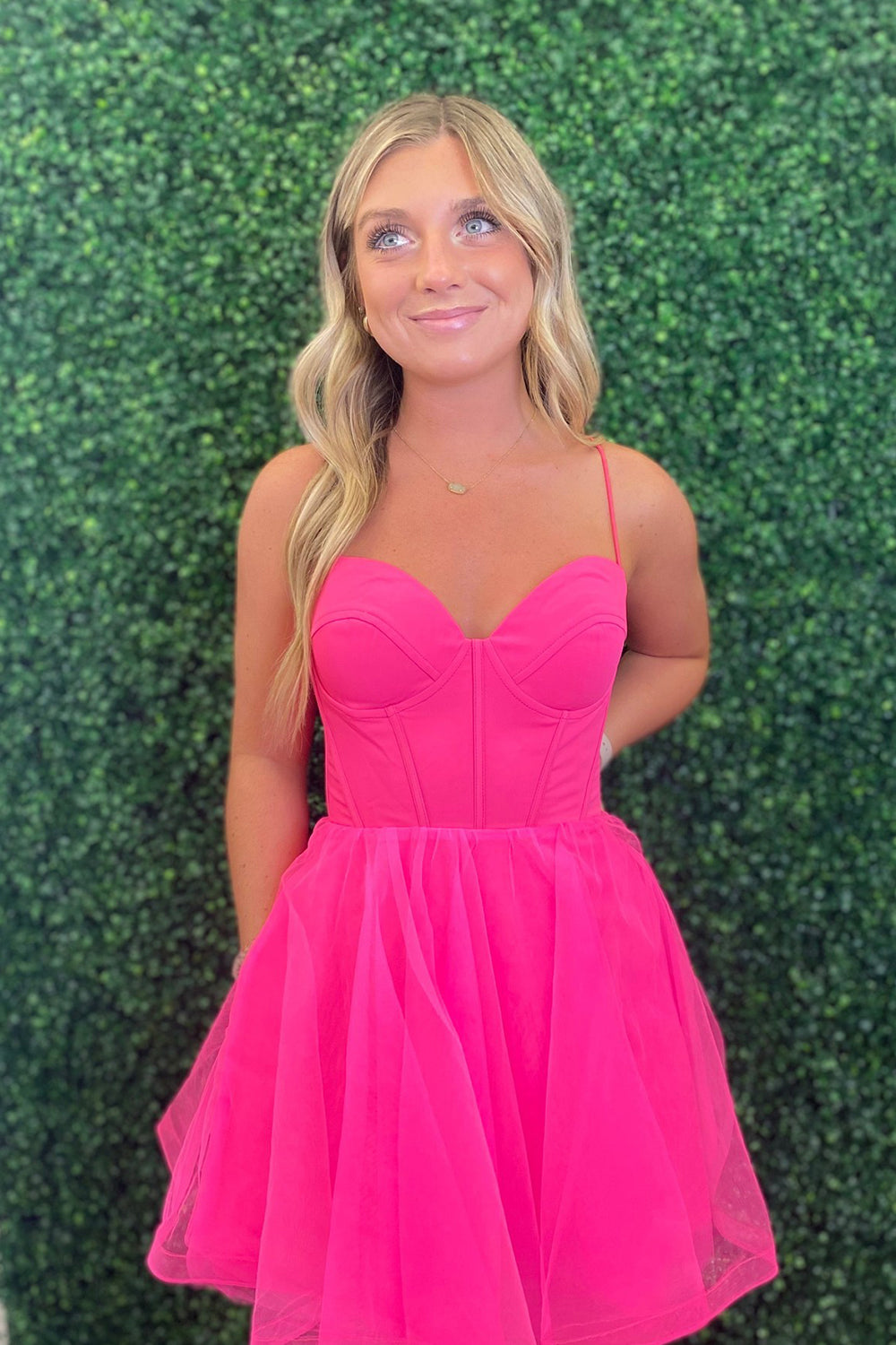 Fuchsia Spaghetti Straps Corset A-Line Short Tulle Homecoming Dress/Mini Dress