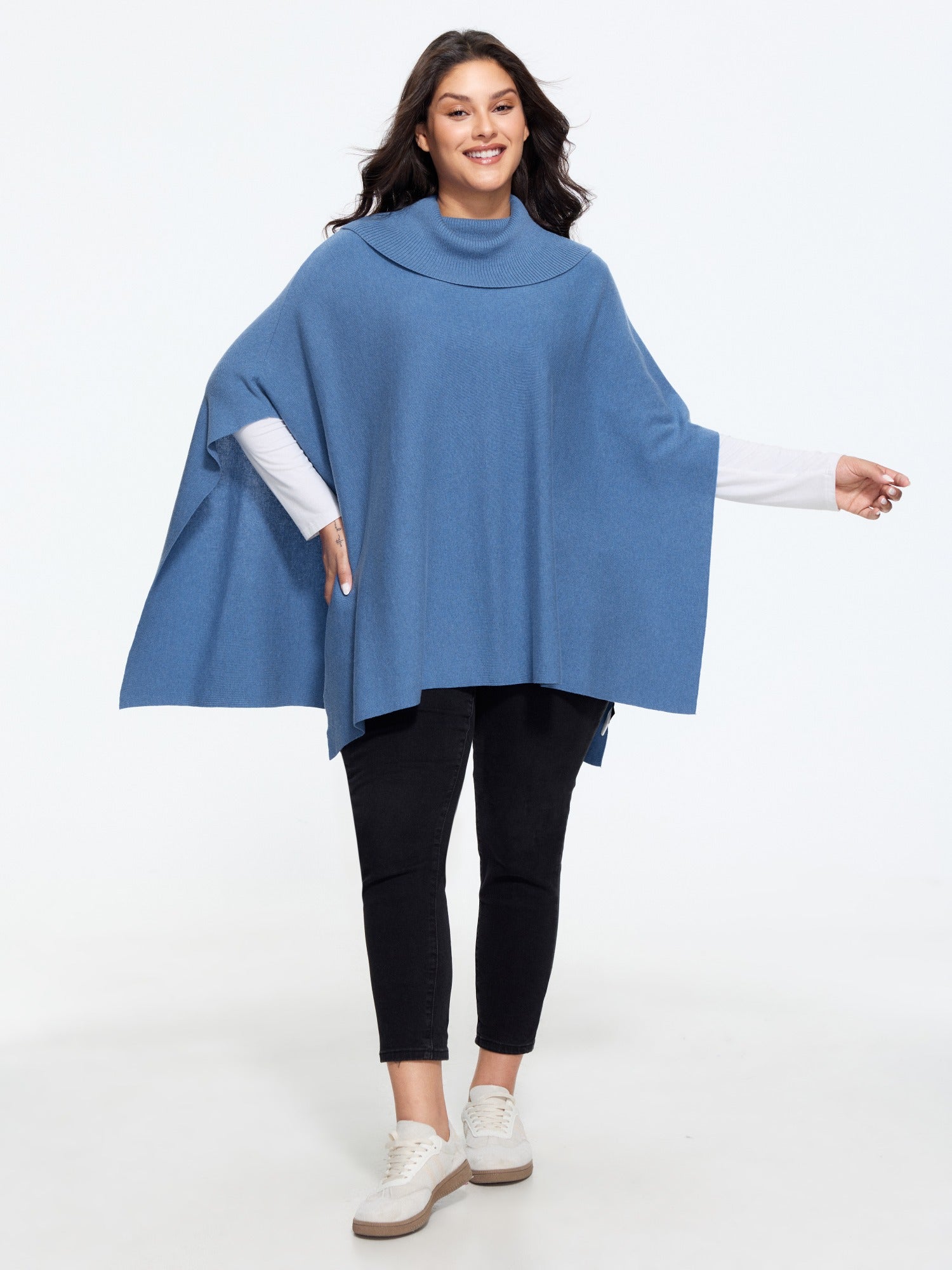 Wool Blend Cowl Collar Asymmetric Hem Poncho Pullover